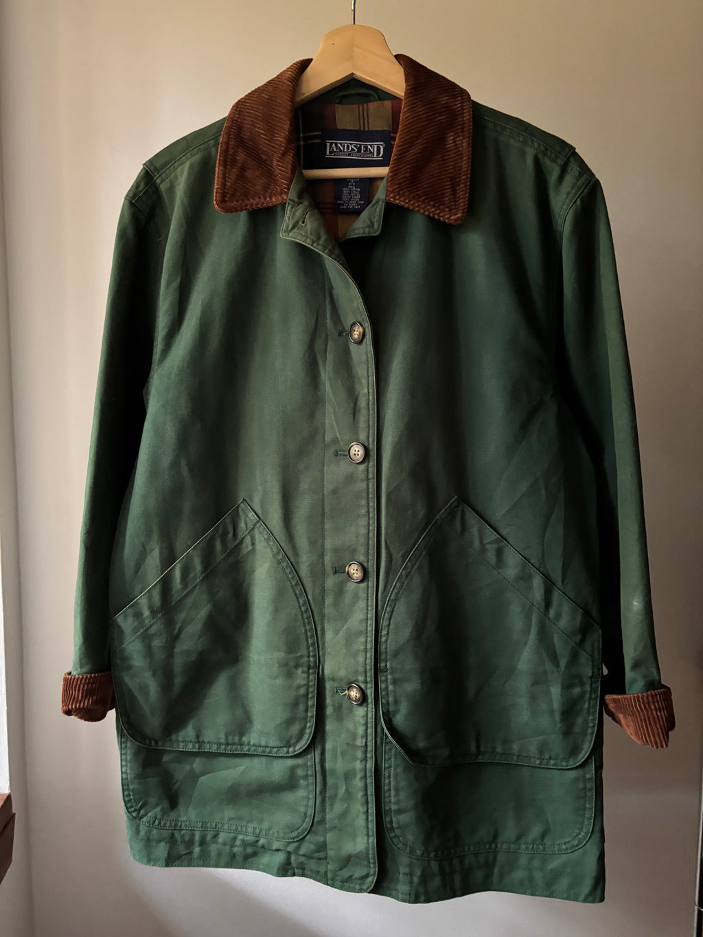 1990s Plaid-Lined Green Chore Coat with Corduroy Trim