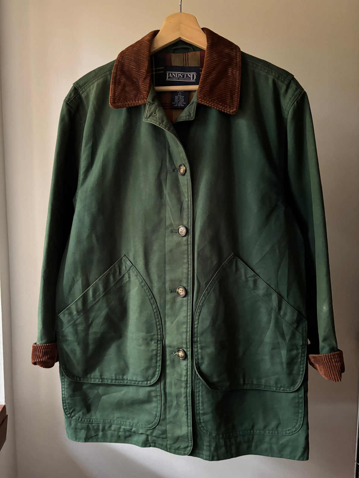 1990s Plaid-Lined Green Chore Coat with Corduroy Trim