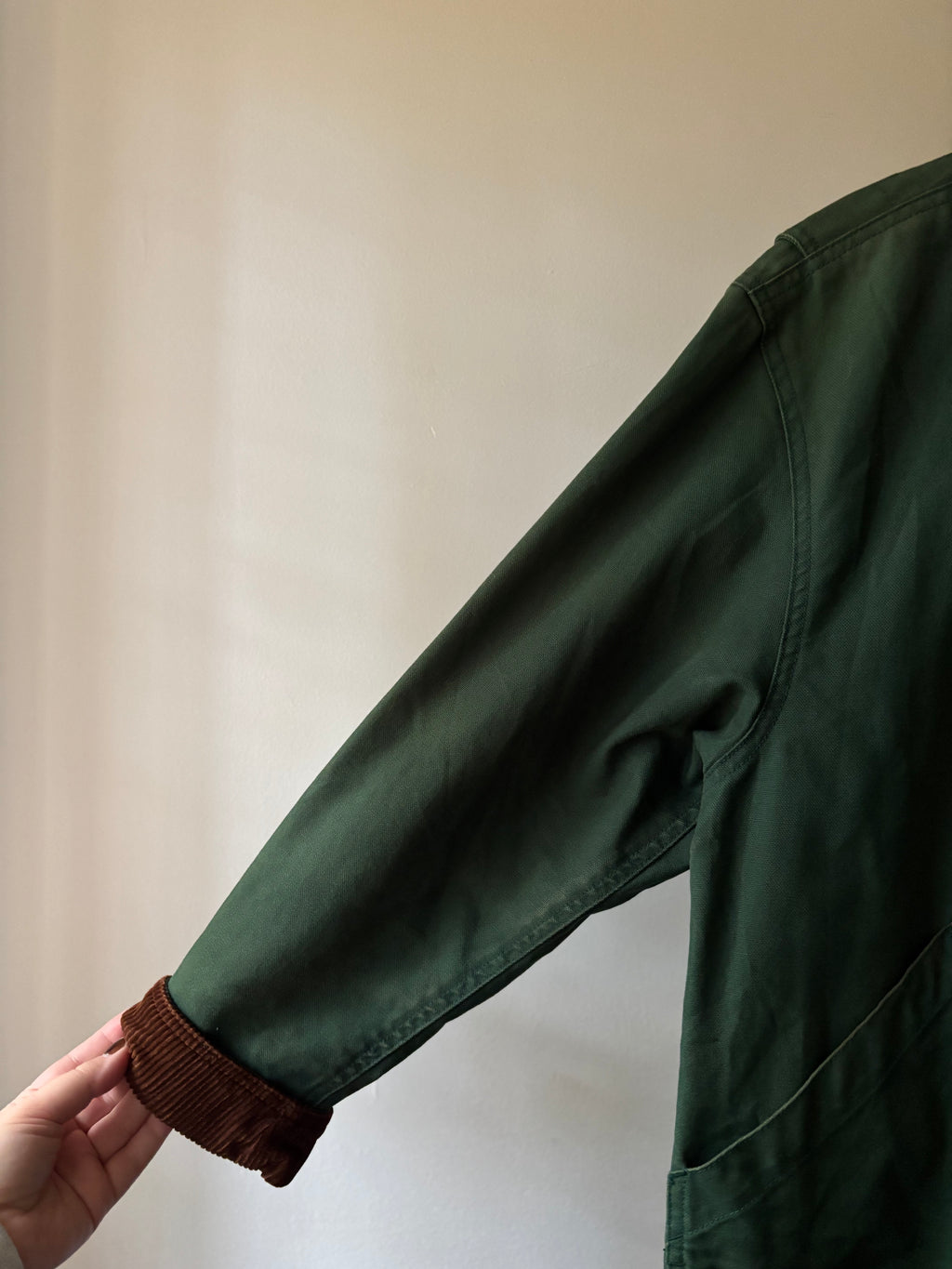 1990s Plaid-Lined Green Chore Coat with Corduroy Trim