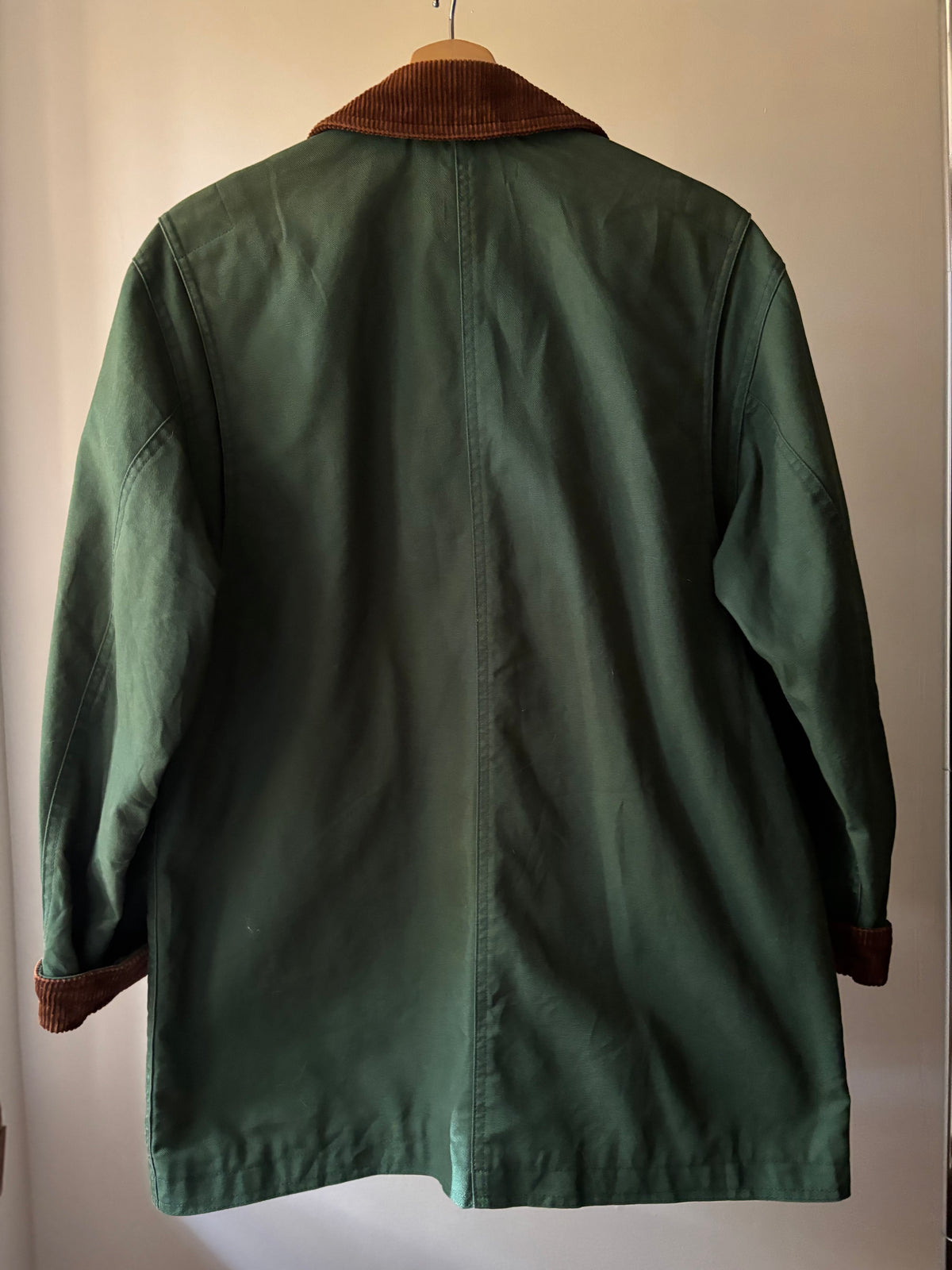 1990s Plaid-Lined Green Chore Coat with Corduroy Trim