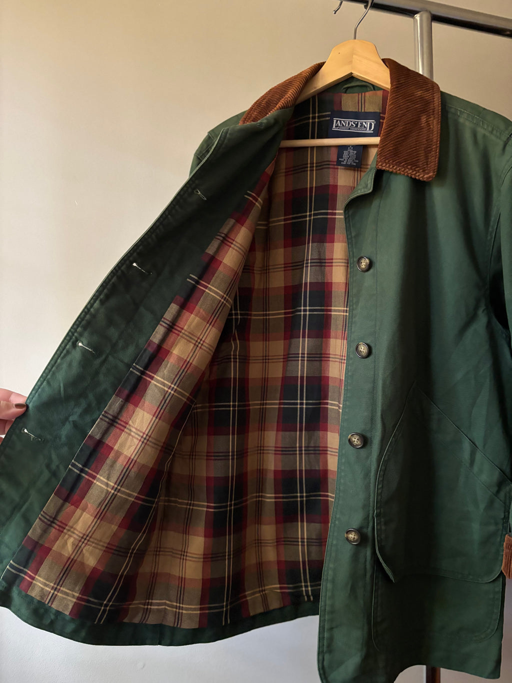 1990s Plaid-Lined Green Chore Coat with Corduroy Trim
