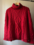 Vintage Boxy Aran Red Merino Wool Cable knit Turtleneck
