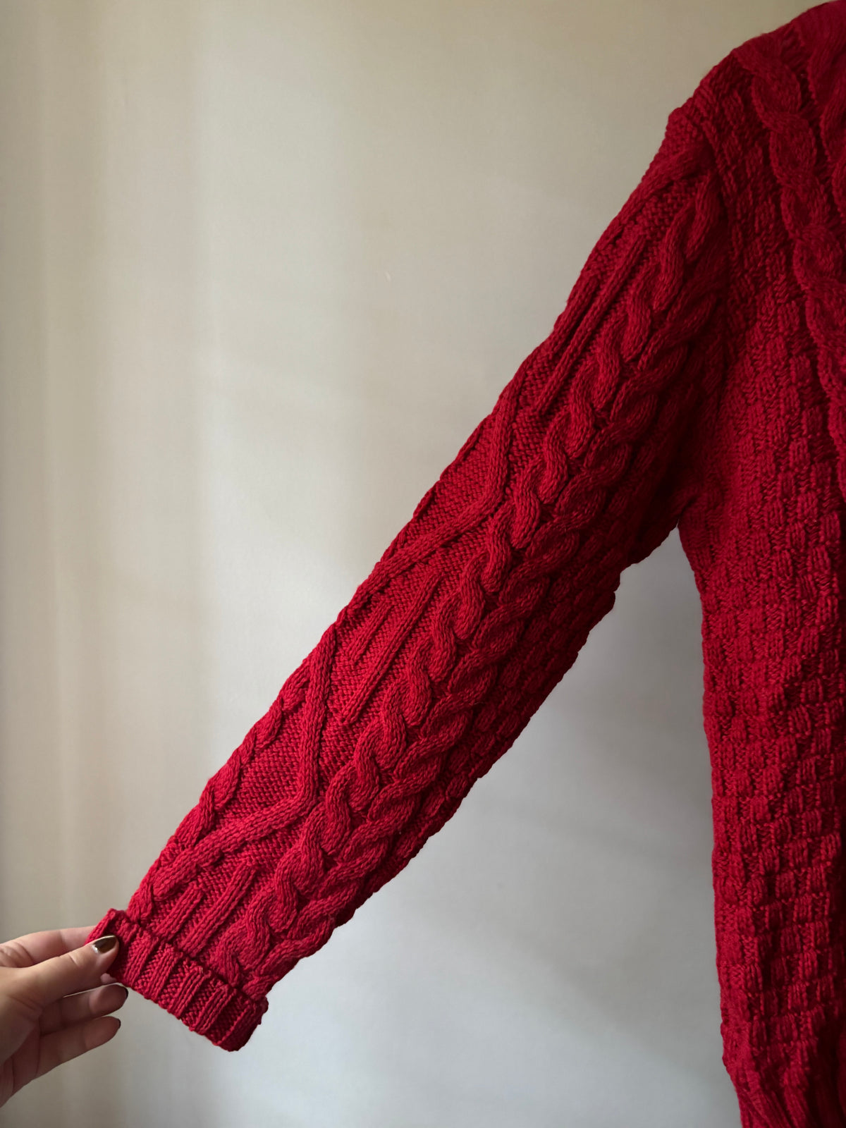 Vintage Boxy Aran Red Merino Wool Cable knit Turtleneck