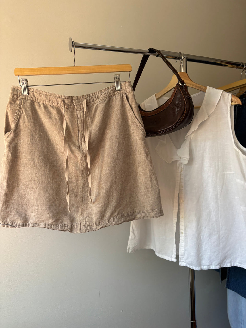 Y2K Linen Mini Skirt with Drawstring | 30-33" waist