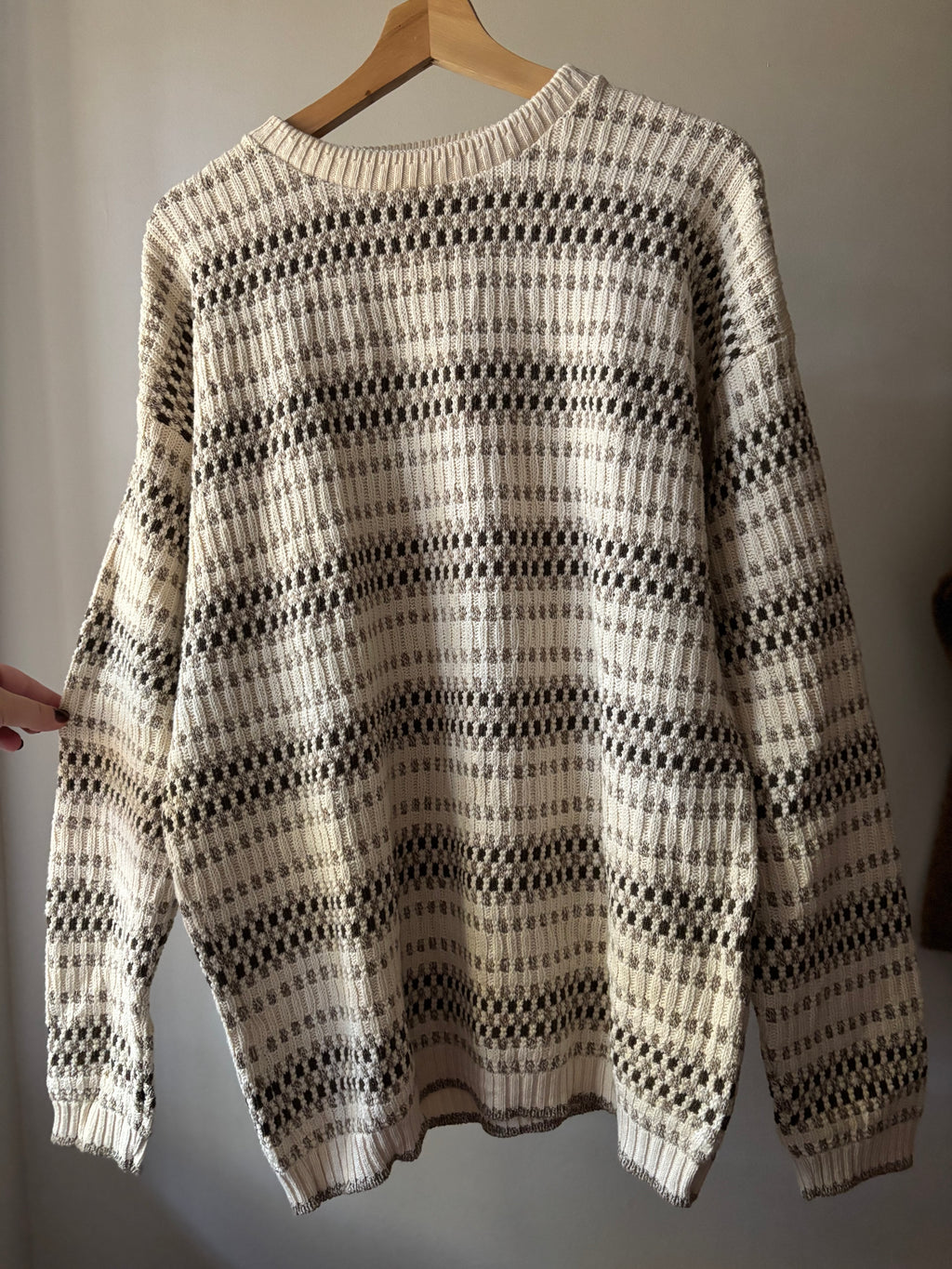 1990s Cream & Brown Cotton Patterned Sweater