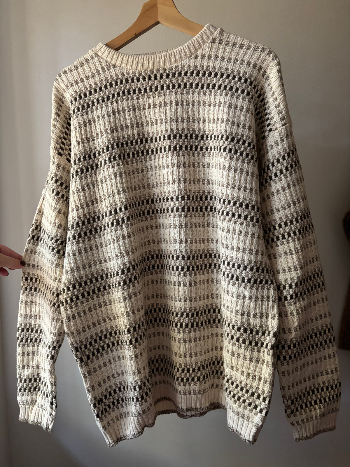 1990s Cream & Brown Cotton Patterned Sweater