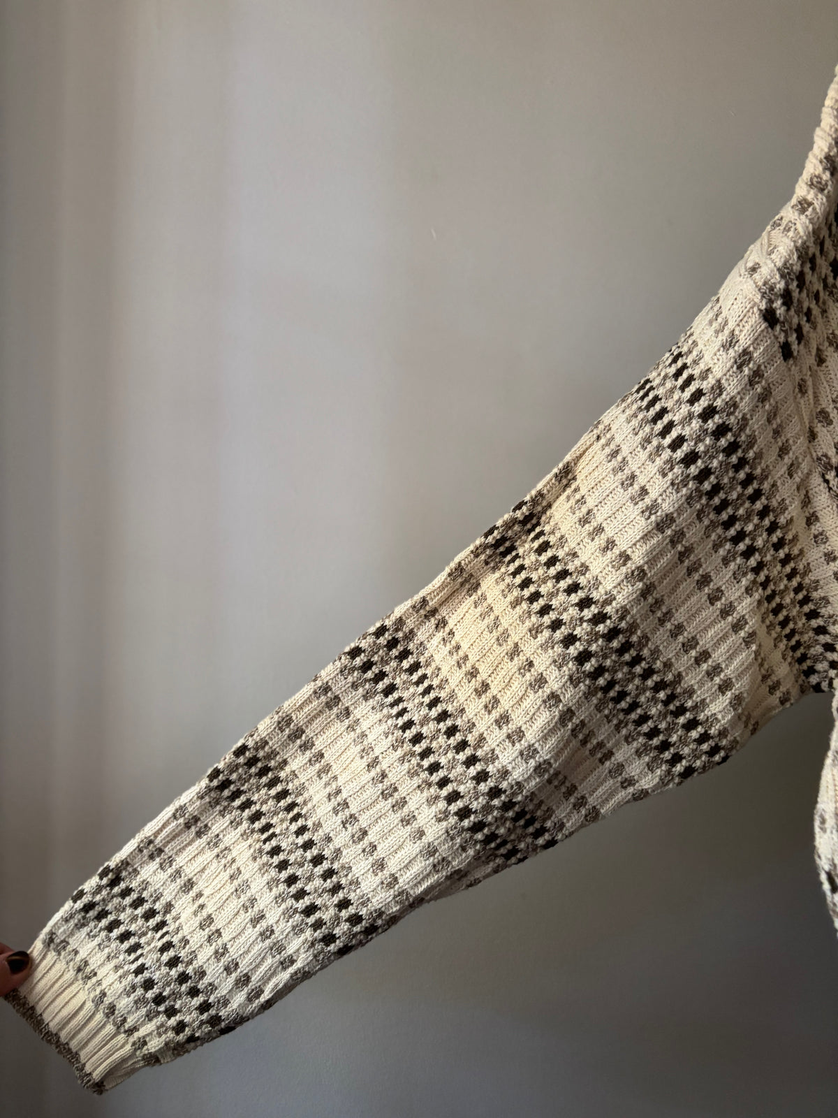 1990s Cream & Brown Cotton Patterned Sweater