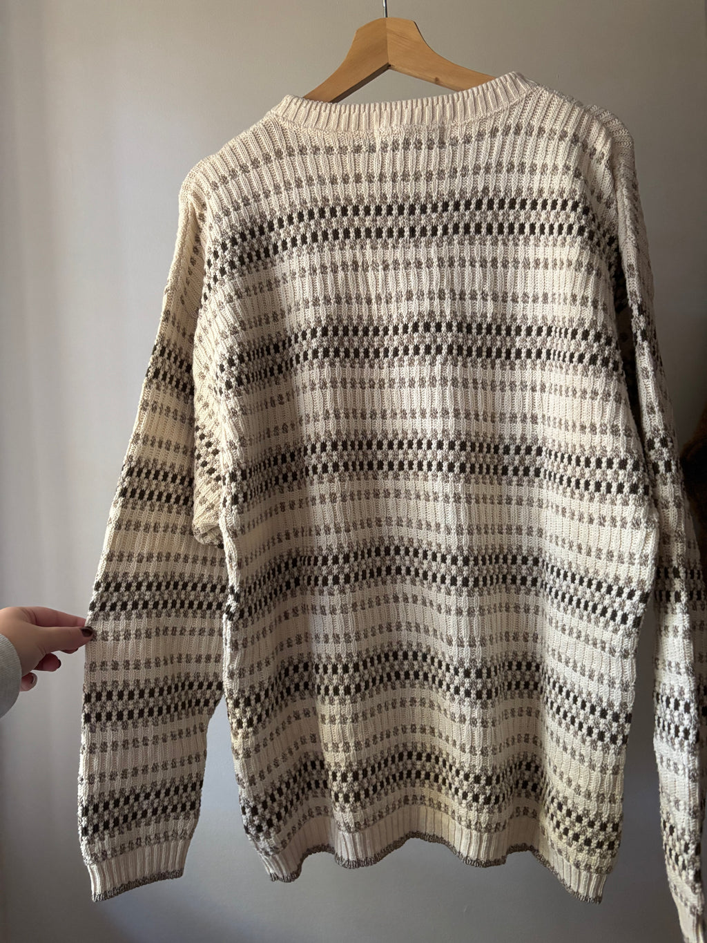 1990s Cream & Brown Cotton Patterned Sweater