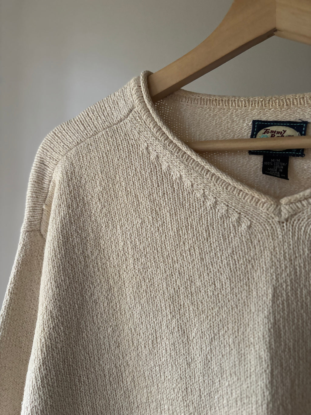 1990s Oversized Cream Soft Cotton V-Neck Sweater