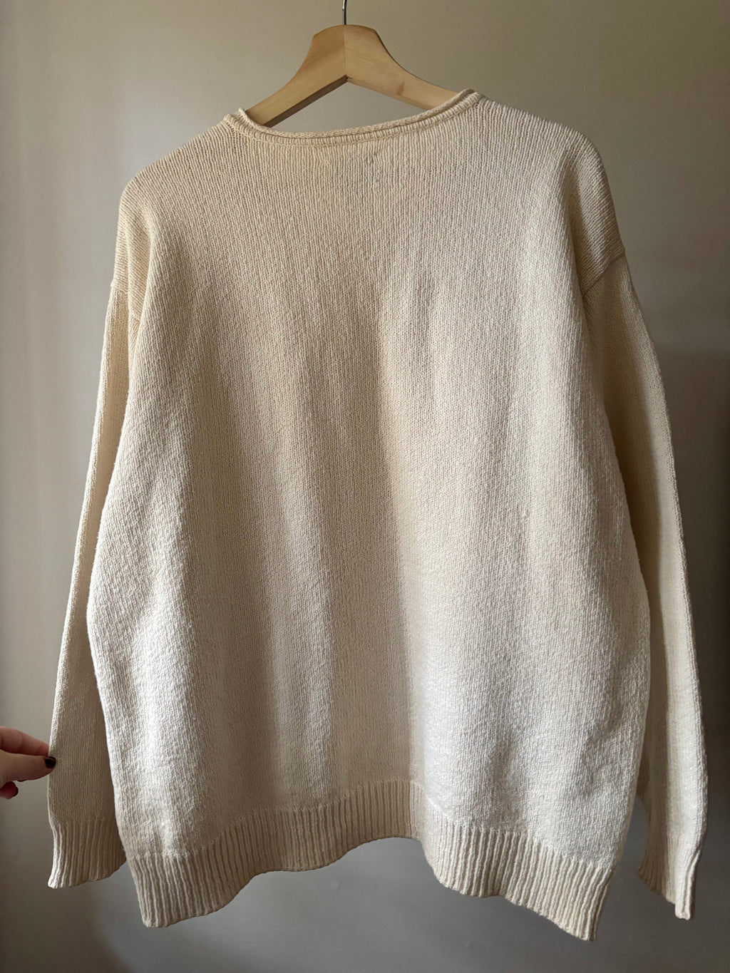 1990s Oversized Cream Soft Cotton V-Neck Sweater