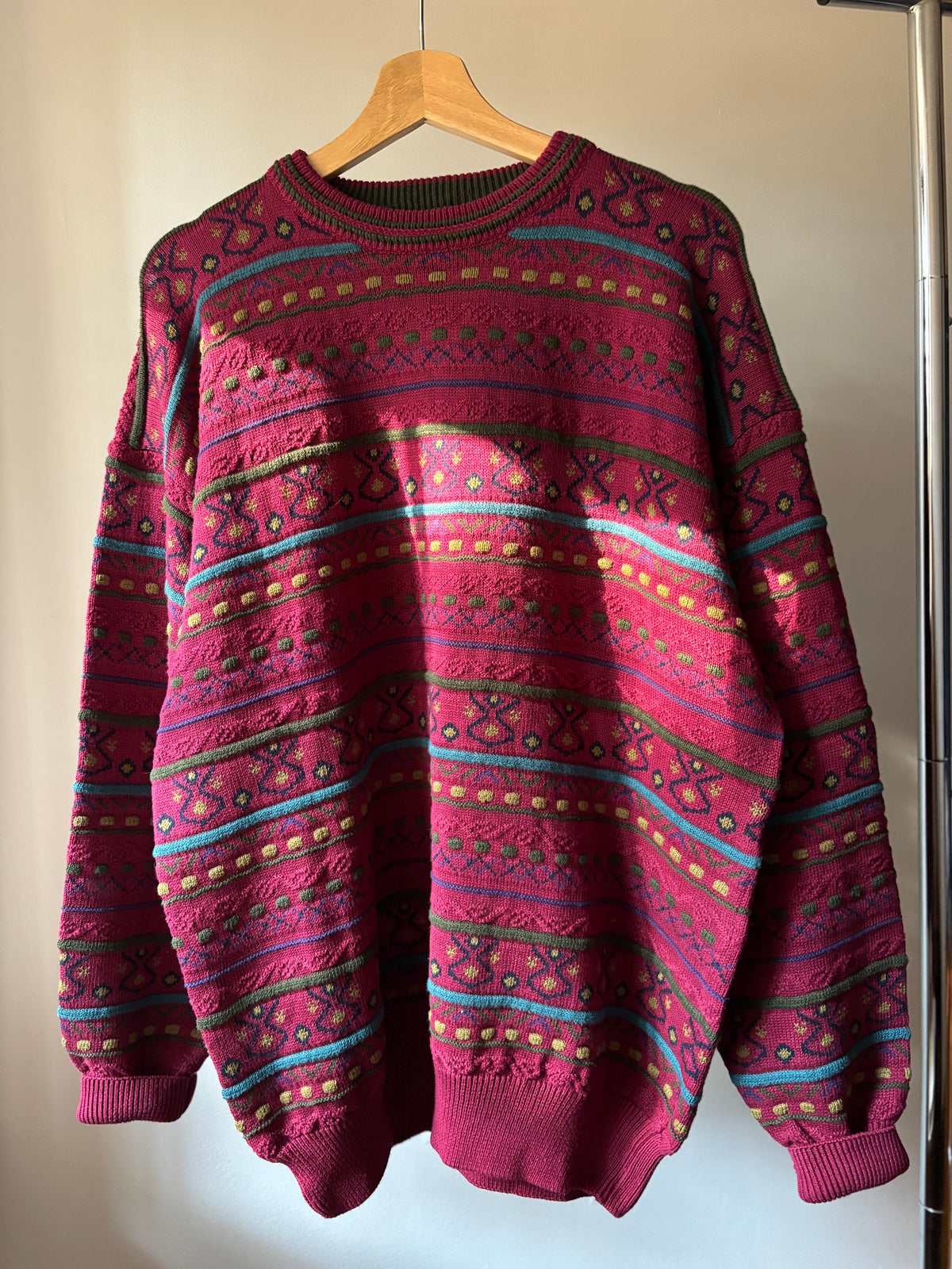 1990s Burgundy Textured Patterned Cotton Sweater