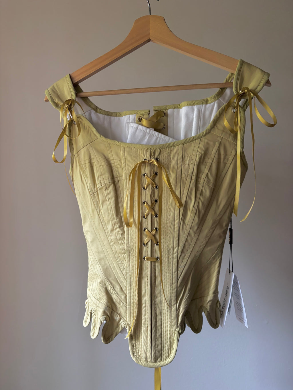 (NWT) Green Cotton Corset with Tie Sleeves and Scallop Trim