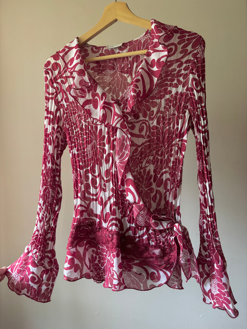 Y2K Ruffled Pink Floral Sheer & Lace Blouse