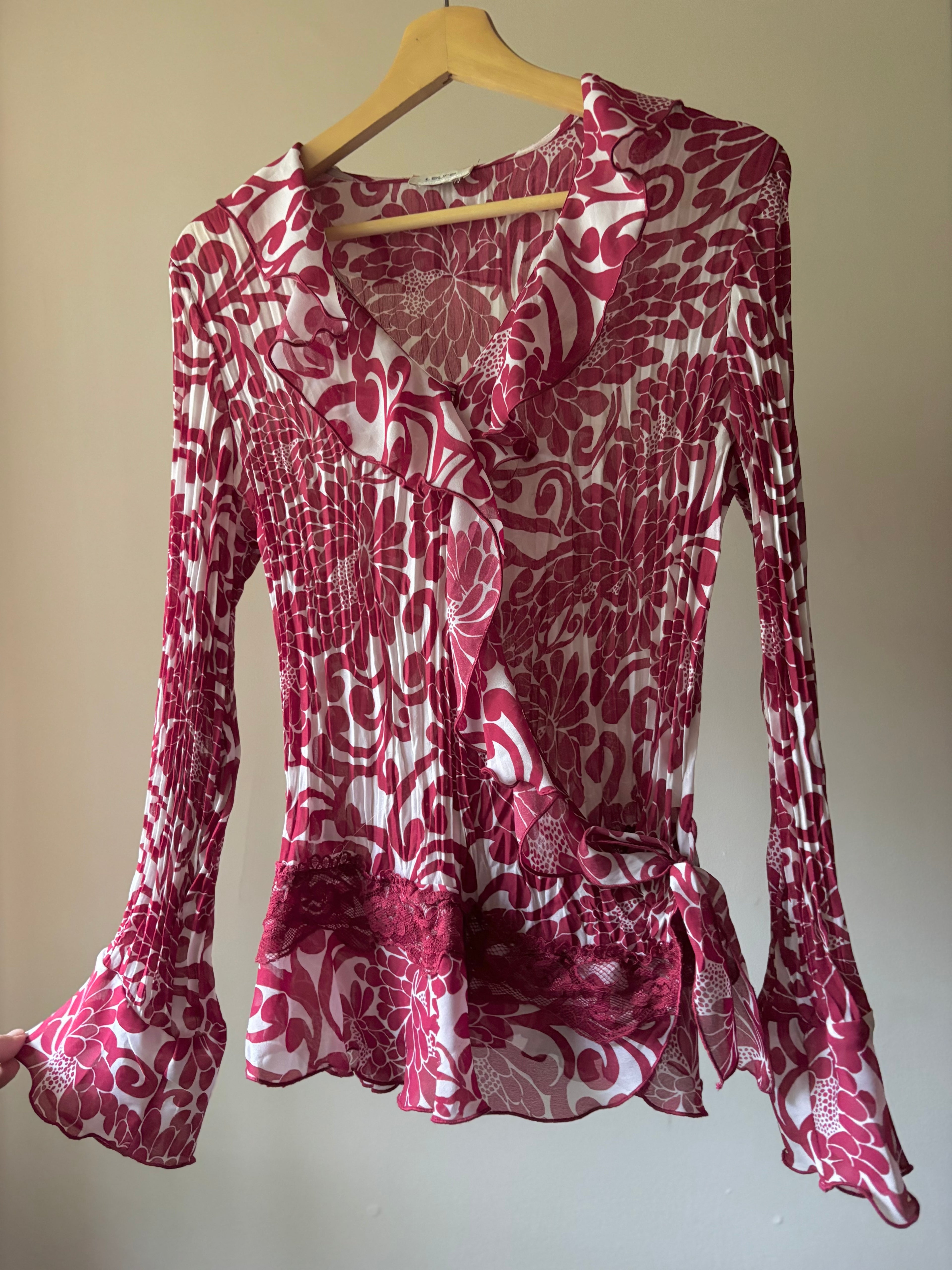 Y2K Ruffled Pink Floral Sheer & Lace Blouse