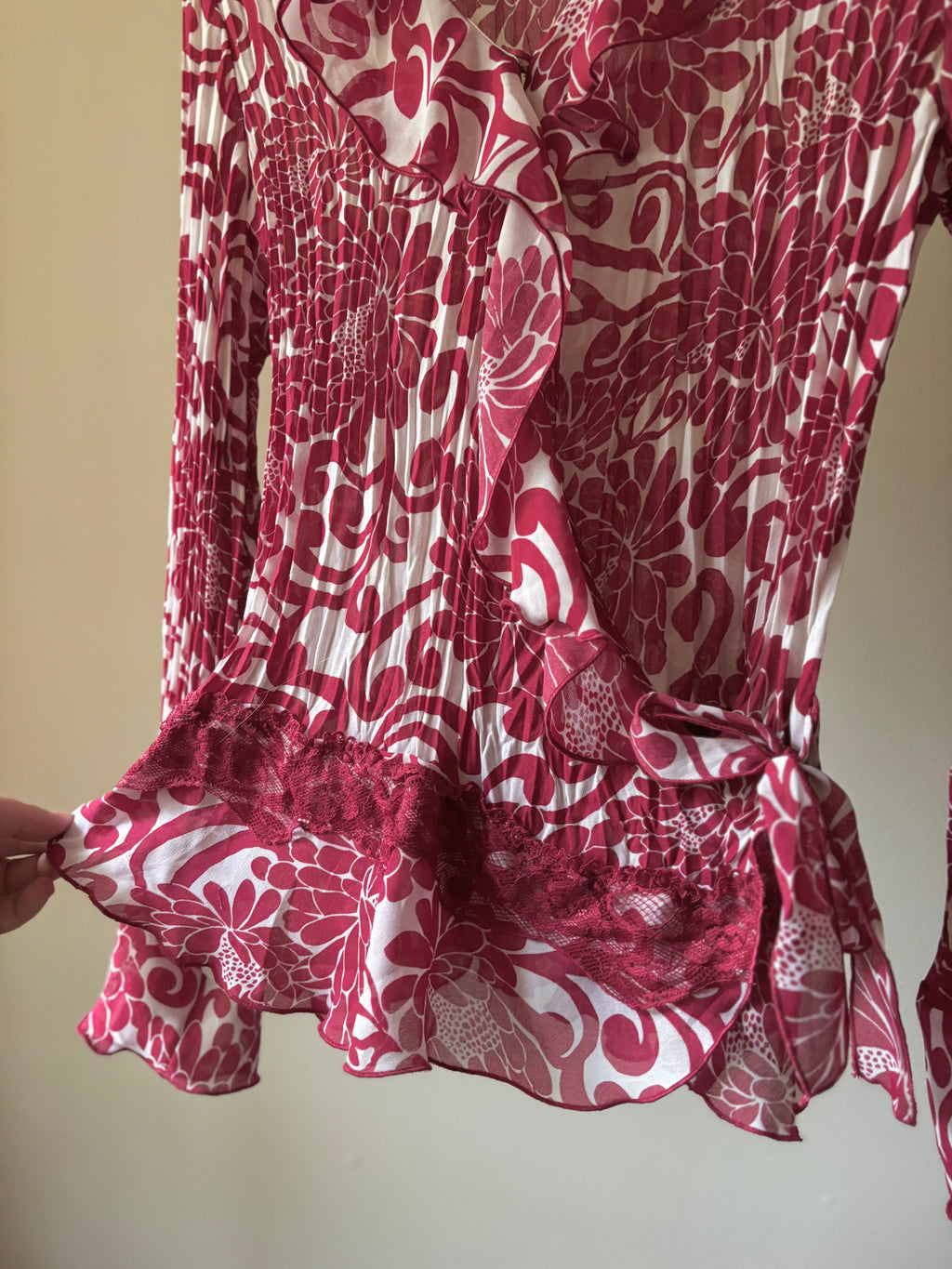 Y2K Ruffled Pink Floral Sheer & Lace Blouse