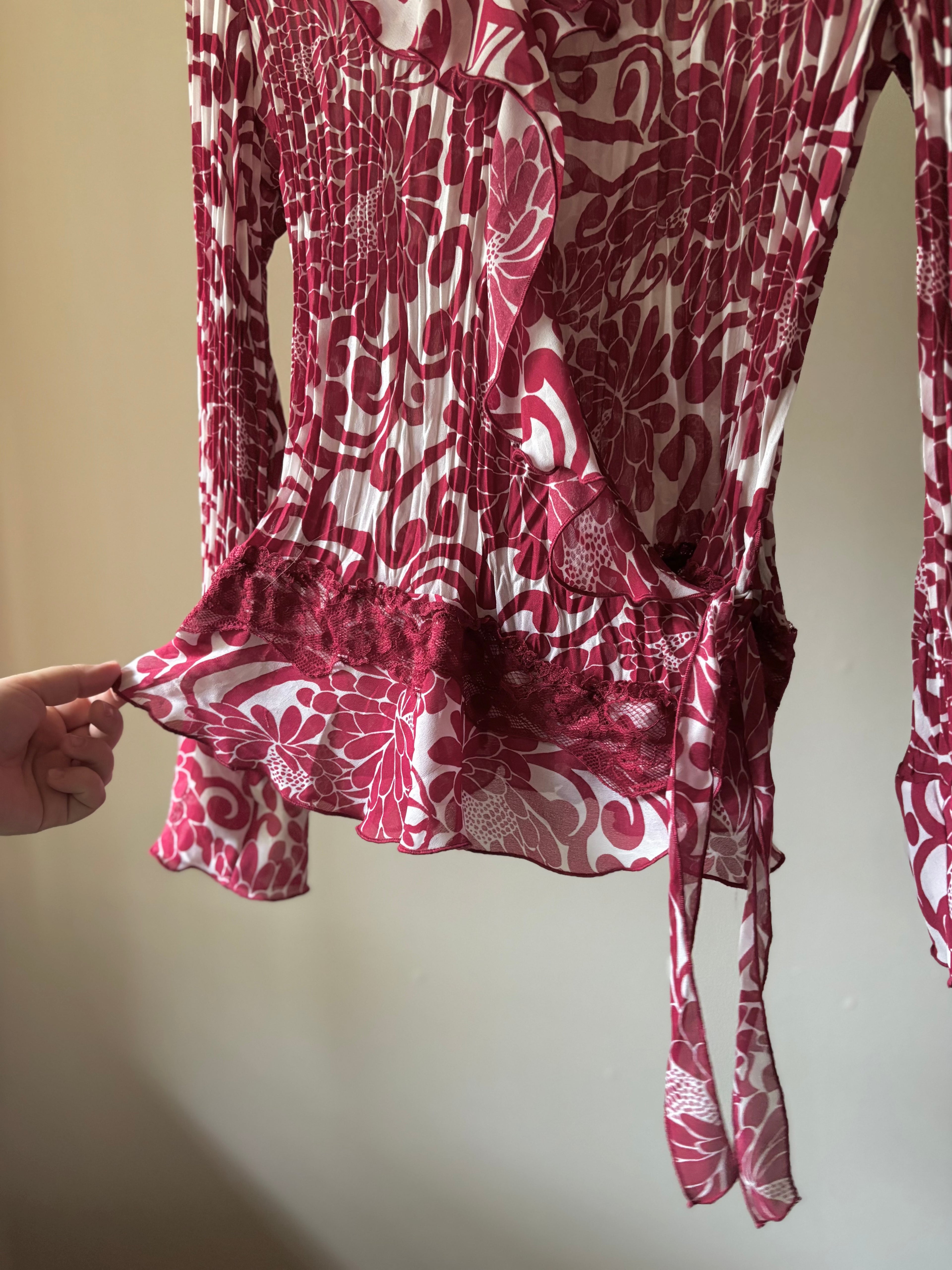 Y2K Ruffled Pink Floral Sheer & Lace Blouse