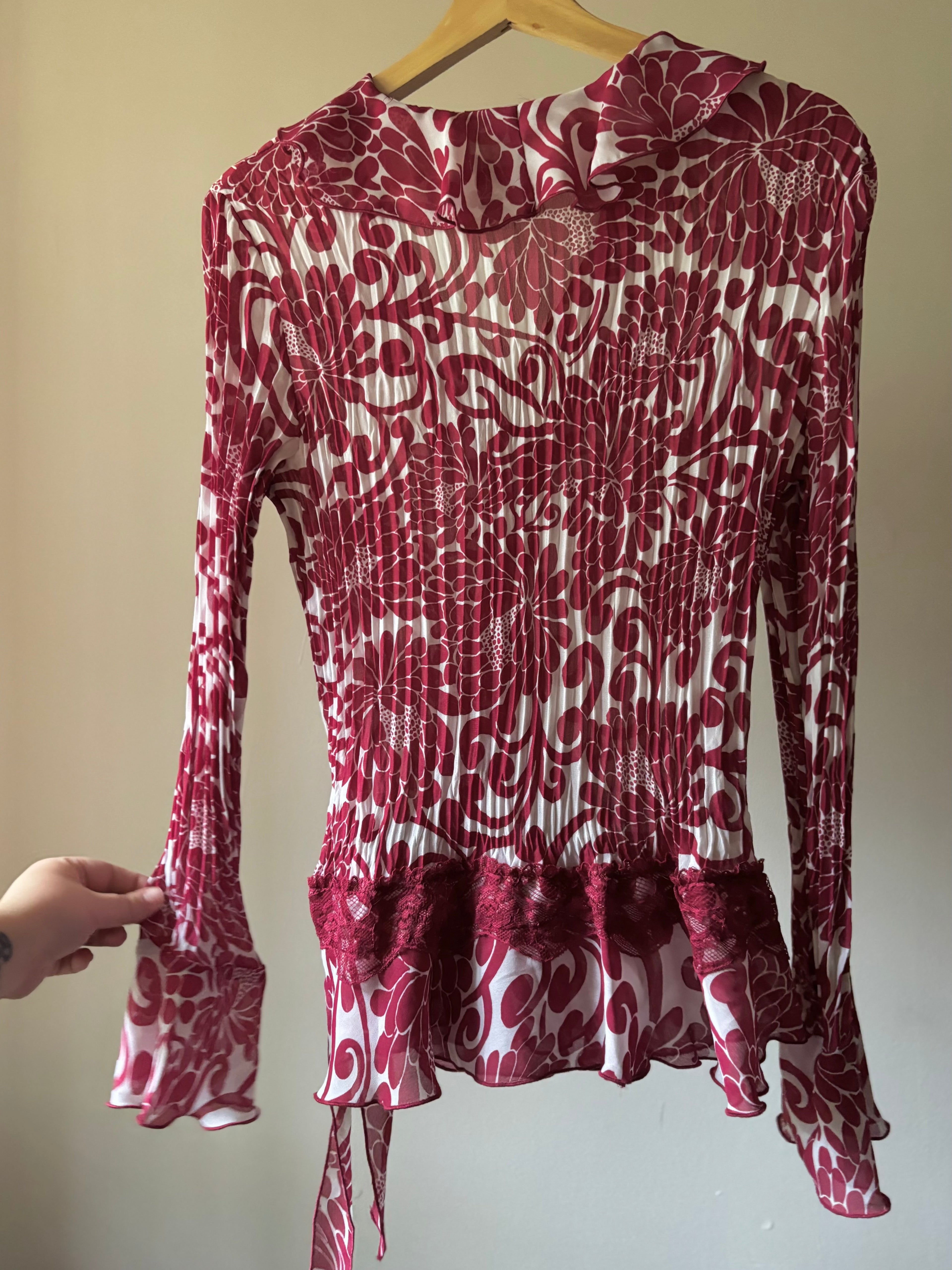 Y2K Ruffled Pink Floral Sheer & Lace Blouse