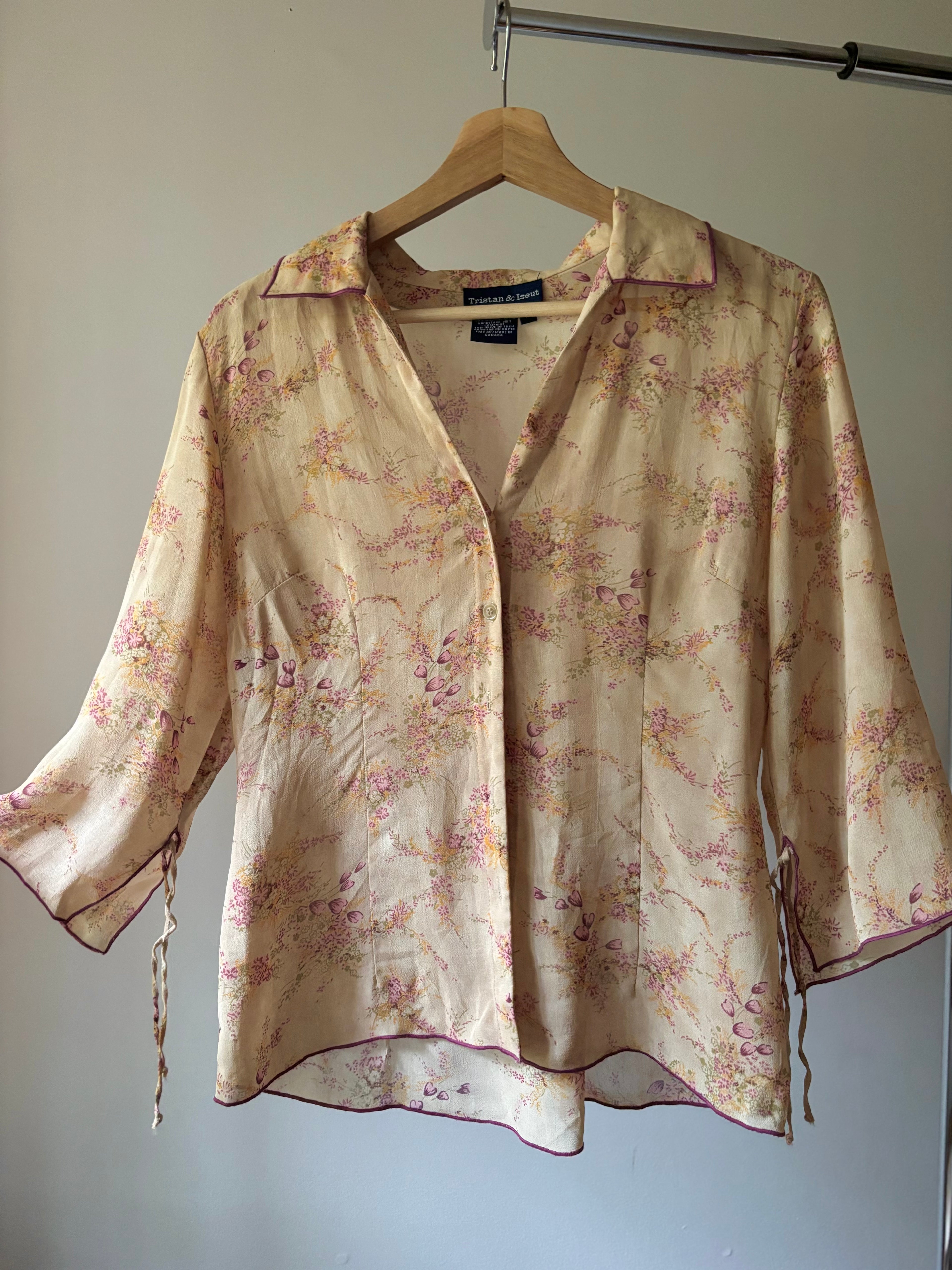 1990s Floral Blouse with Flared Tie Sleeves