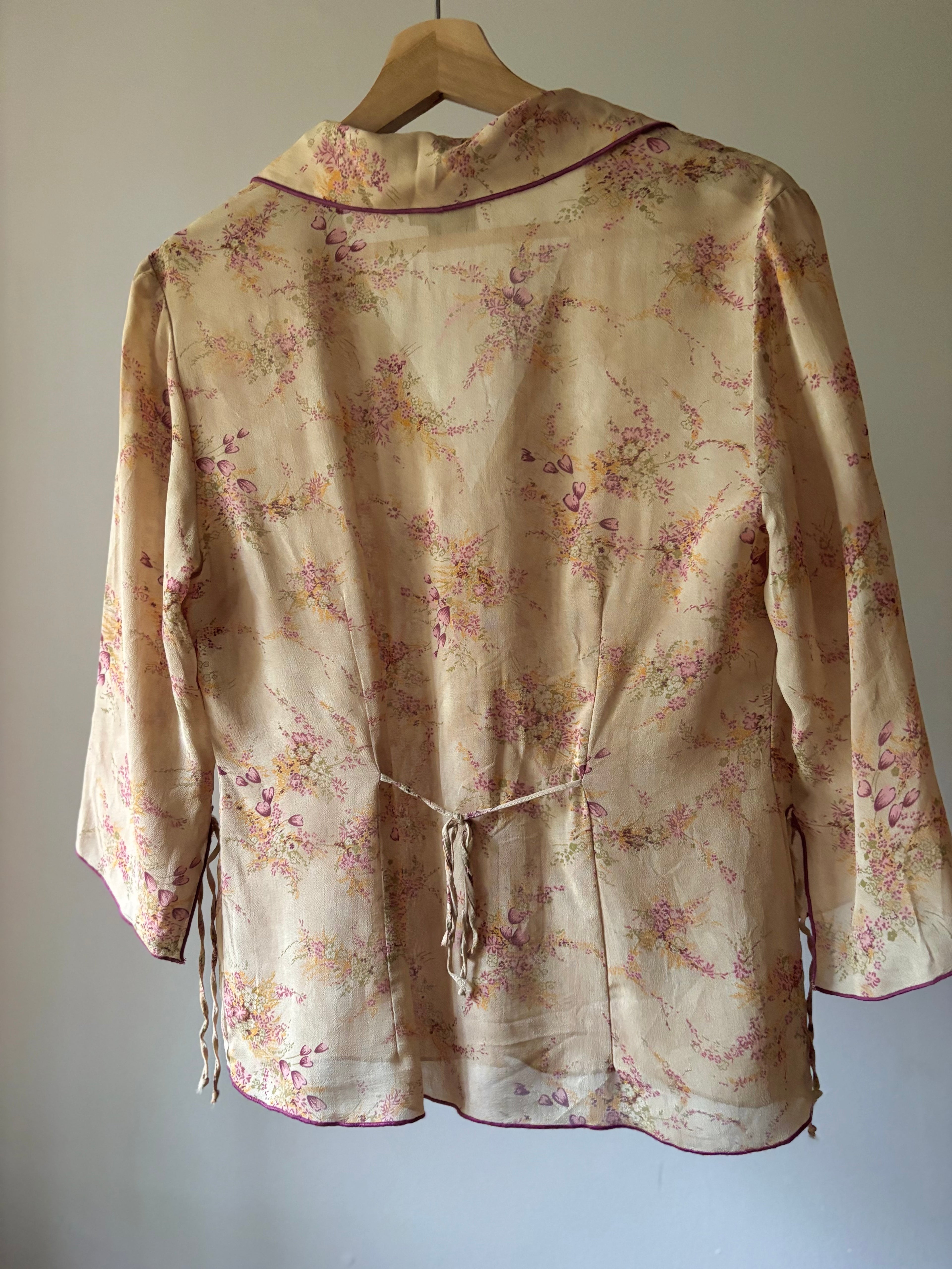 1990s Floral Blouse with Flared Tie Sleeves