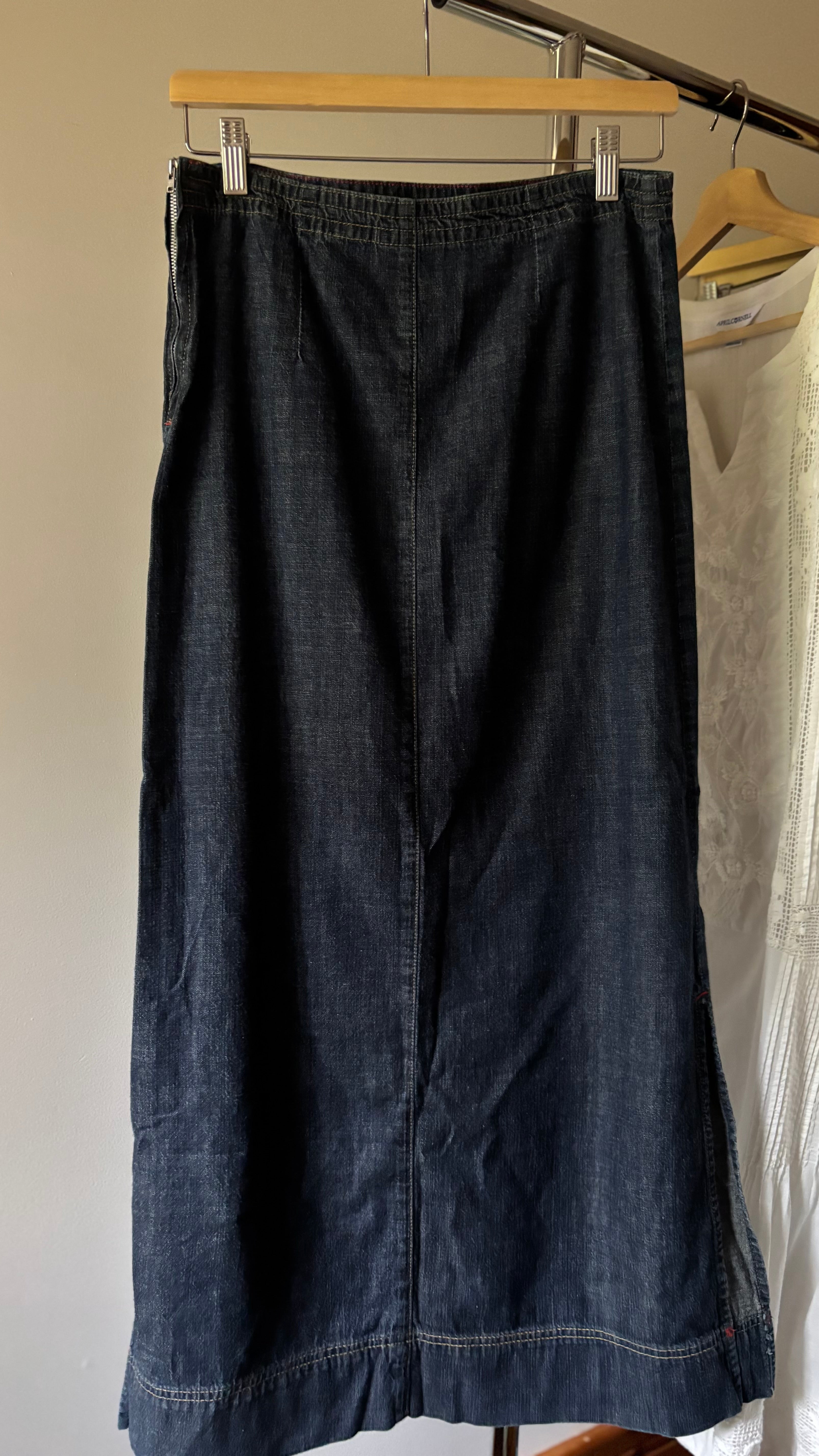 Y2K Low Rise Denim Maxi Skirt with Slits | 29" waist