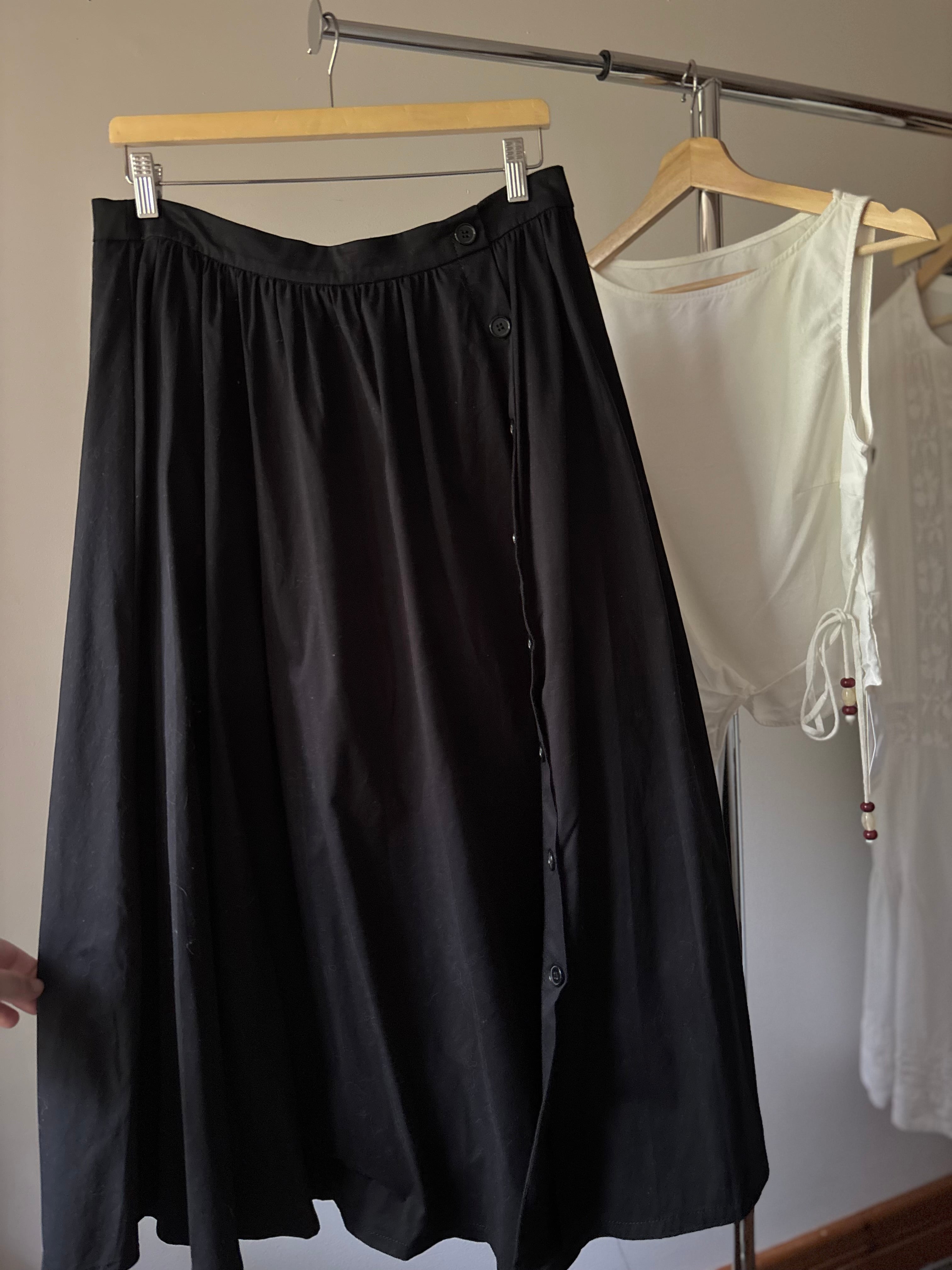 Cotton Black Maxi Skirt with Side Buttons | 32" waist