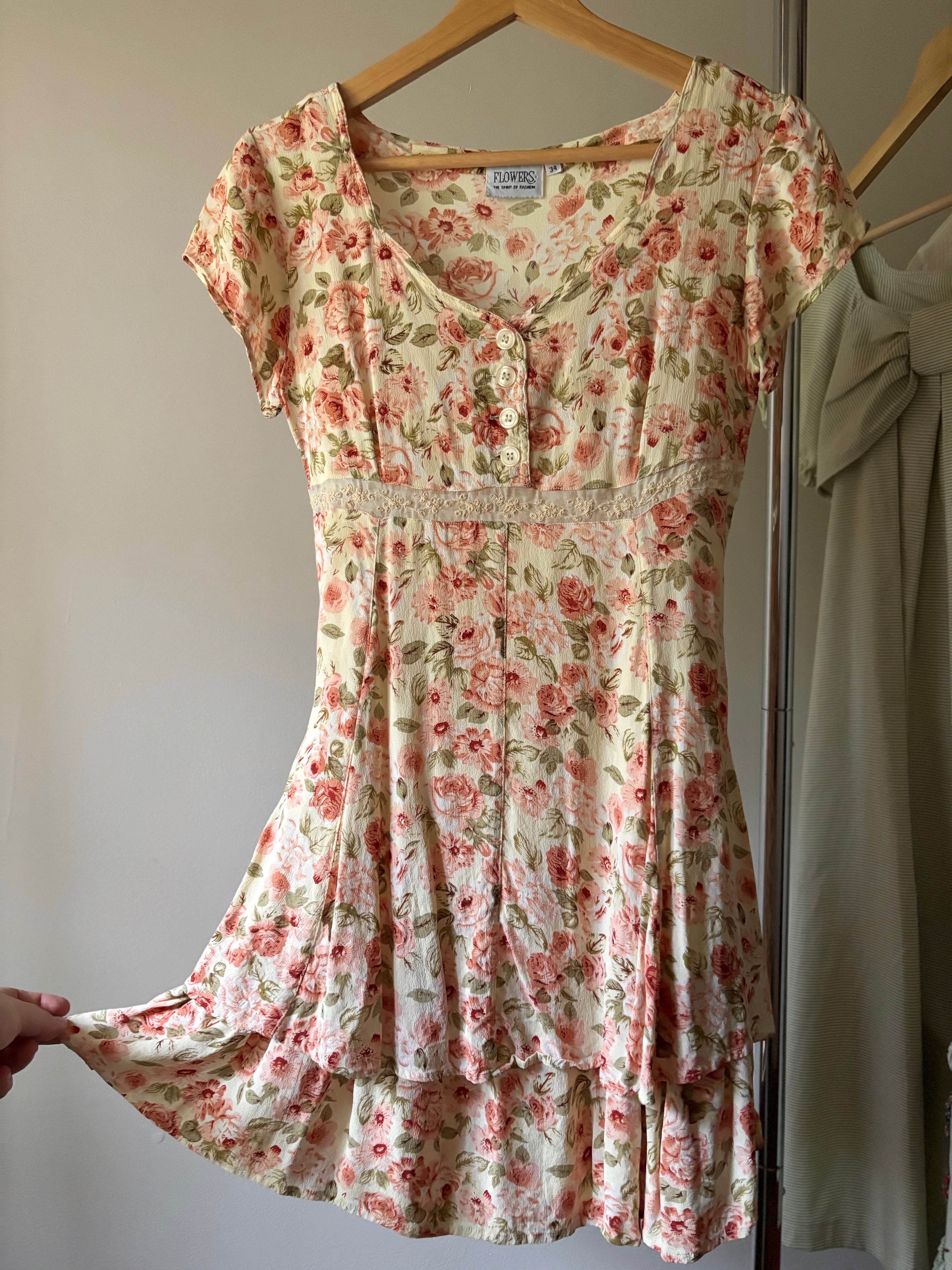 1990s Floral Tie Back Dress with Lace | Vintage Pink Mini Dress