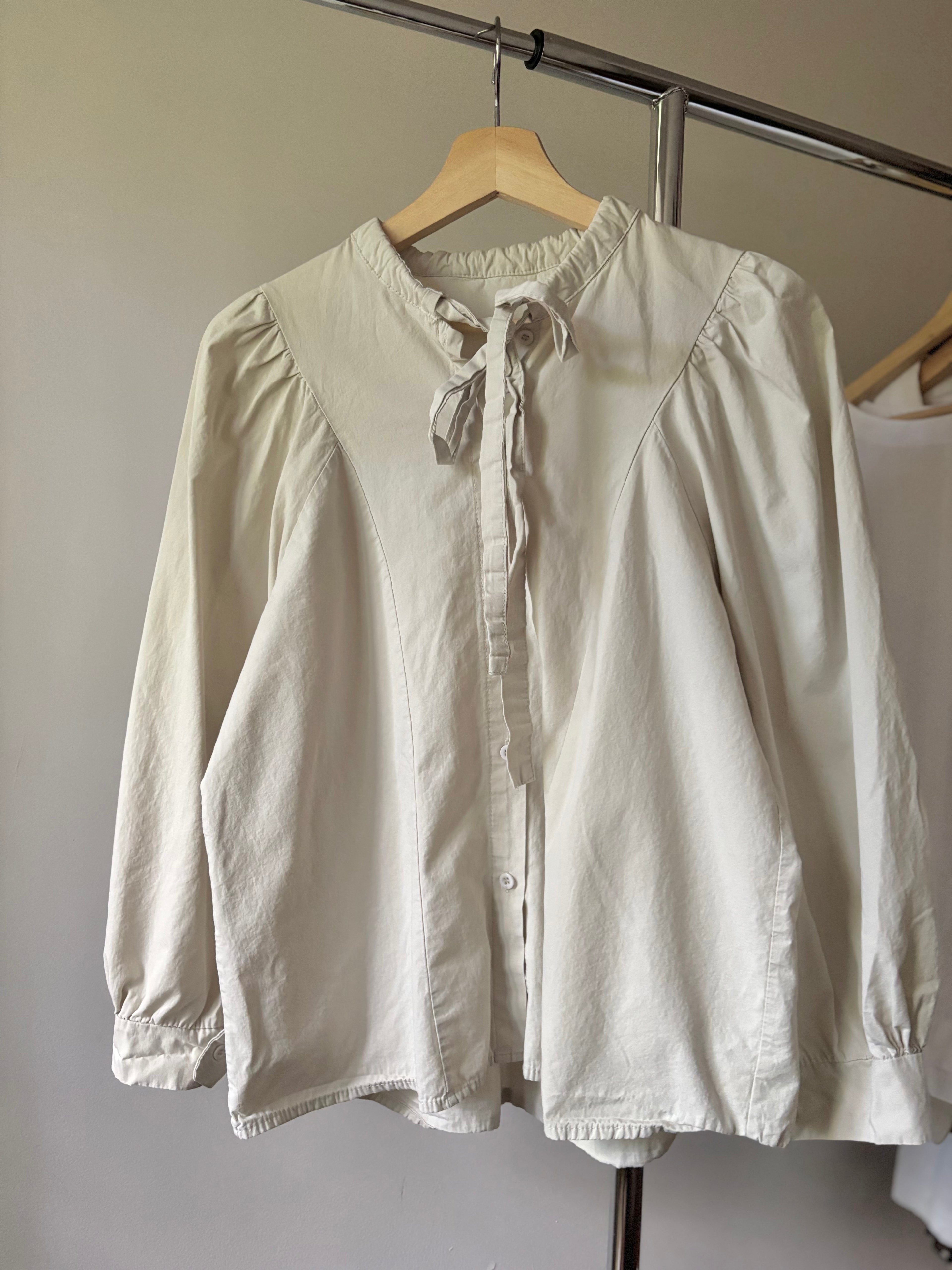 Beige Cotton Blouse with Puff Sleeves