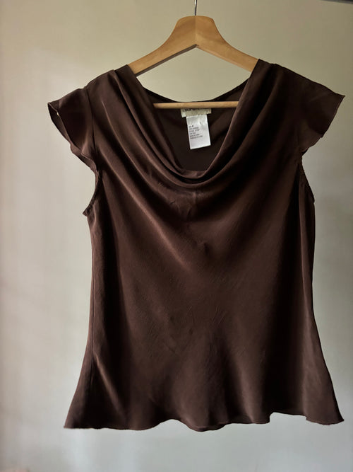 1990s Brown Silk Cowl Neck Top