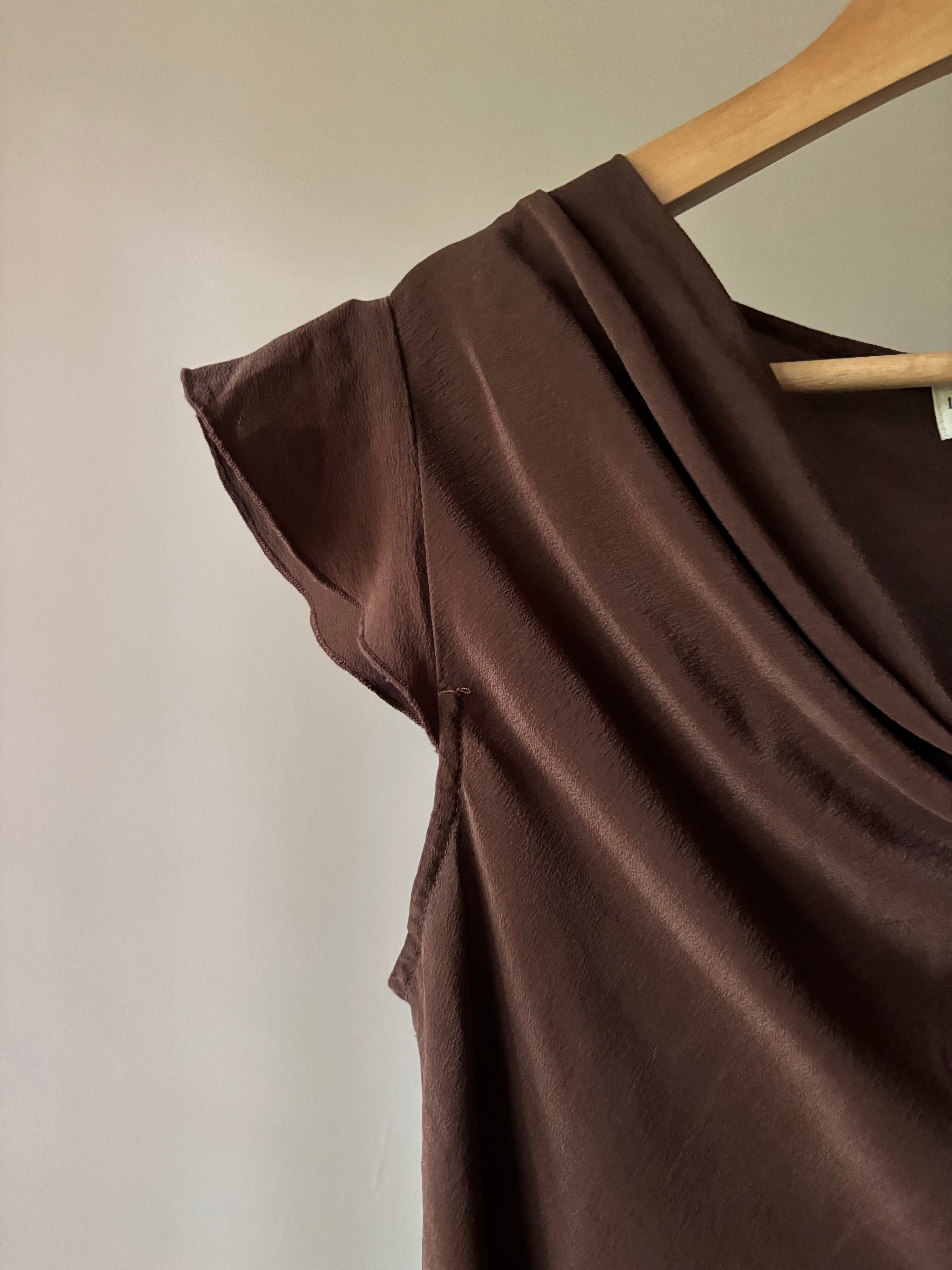 1990s Brown Silk Cowl Neck Top