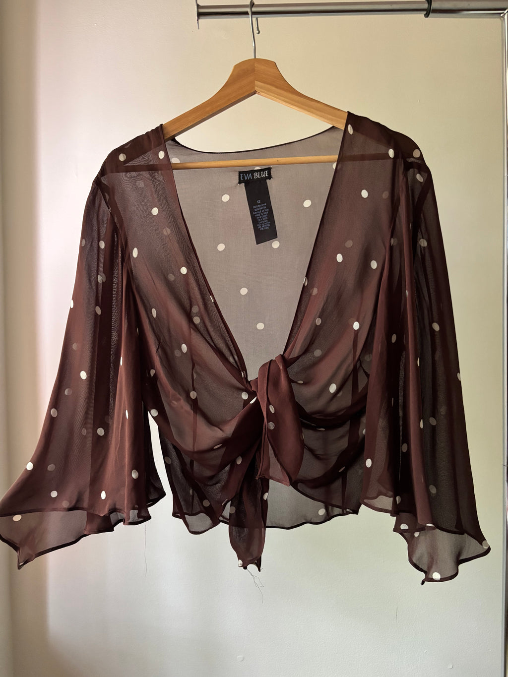 1990s Brown Polka Dot Cropped Sheer Top with Bell Sleeves
