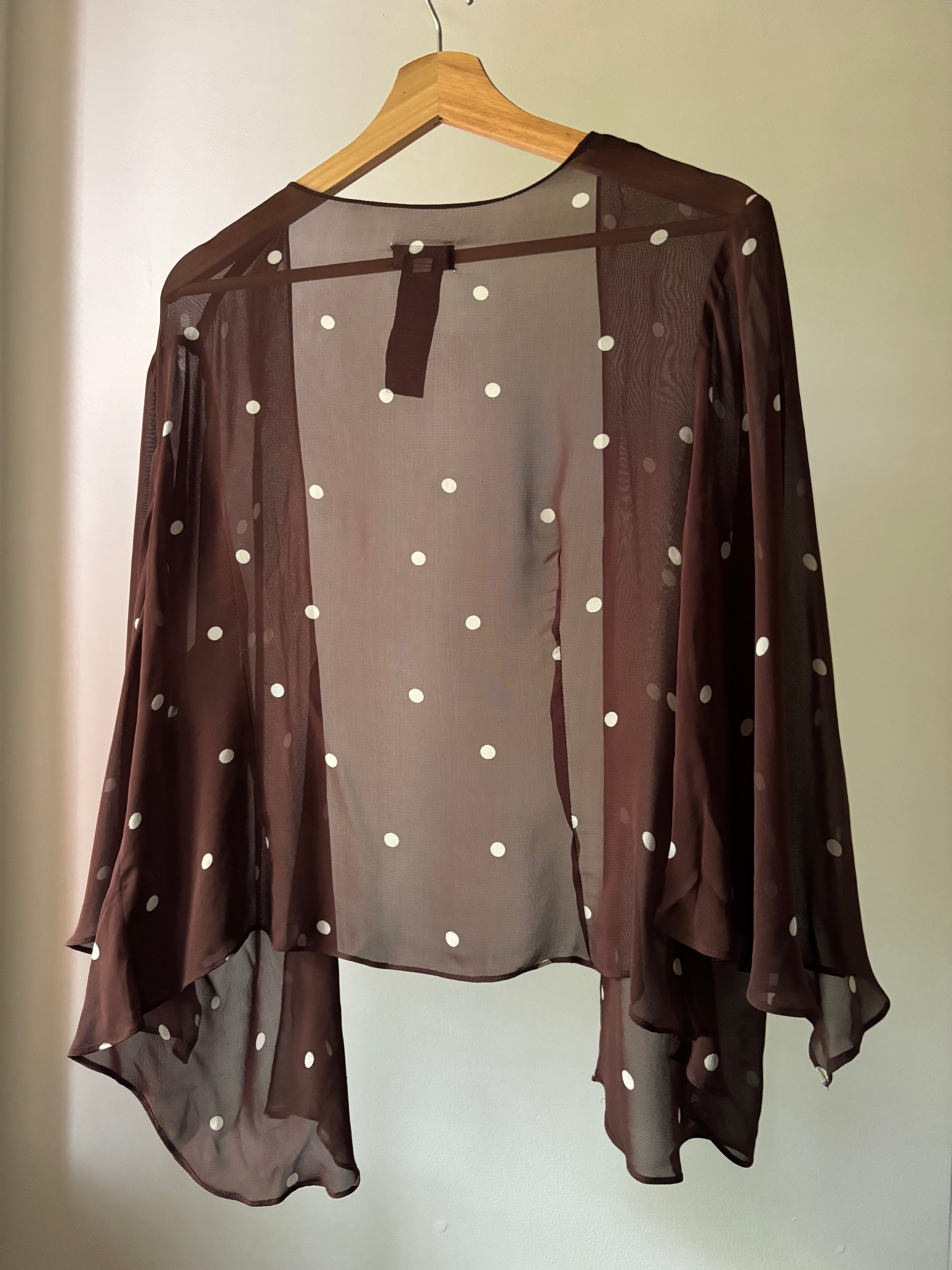 1990s Brown Polka Dot Cropped Sheer Top with Bell Sleeves