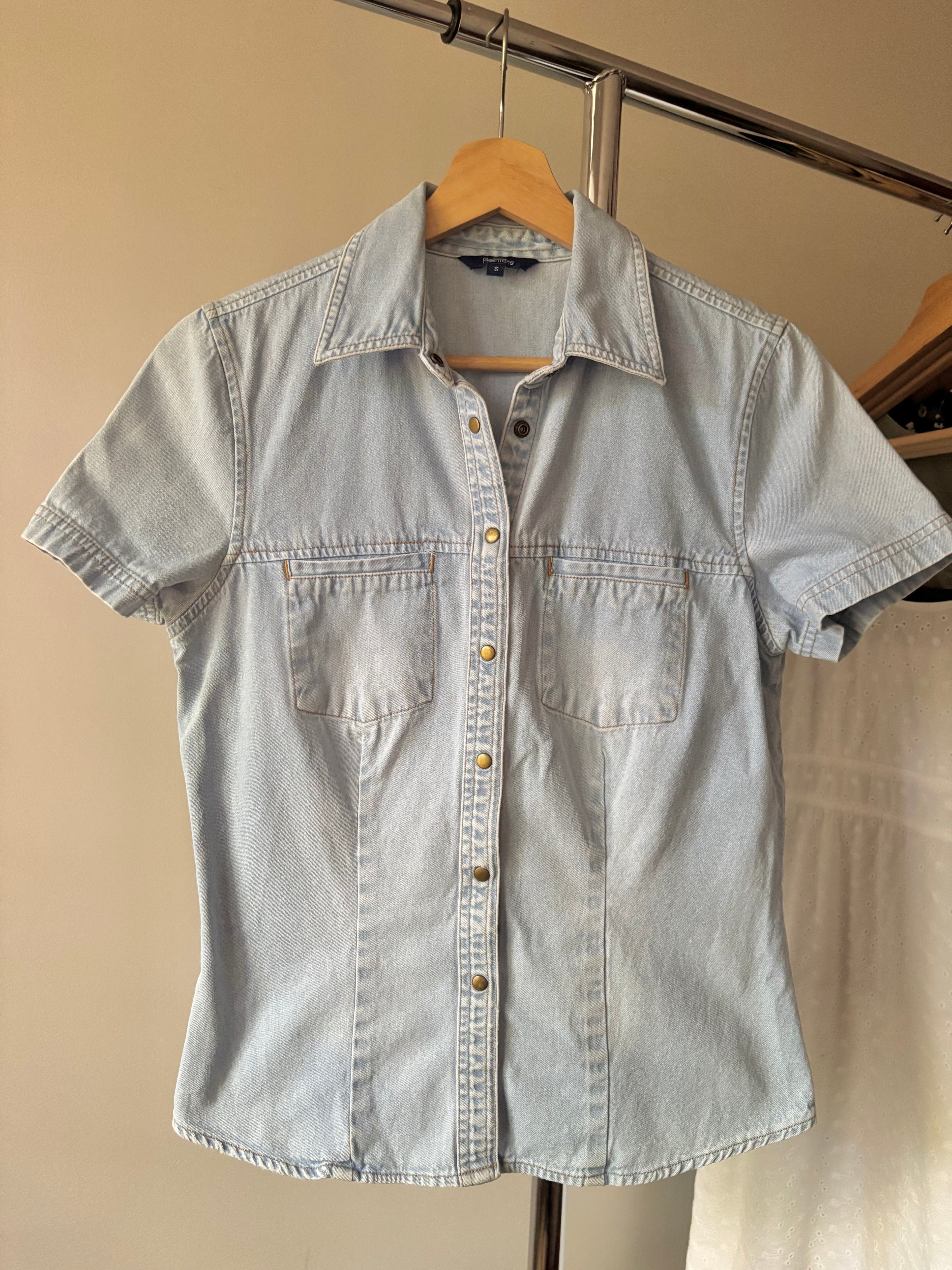 Y2K Light Wash Denim Shirt | Vintage Short Sleeve Blouse