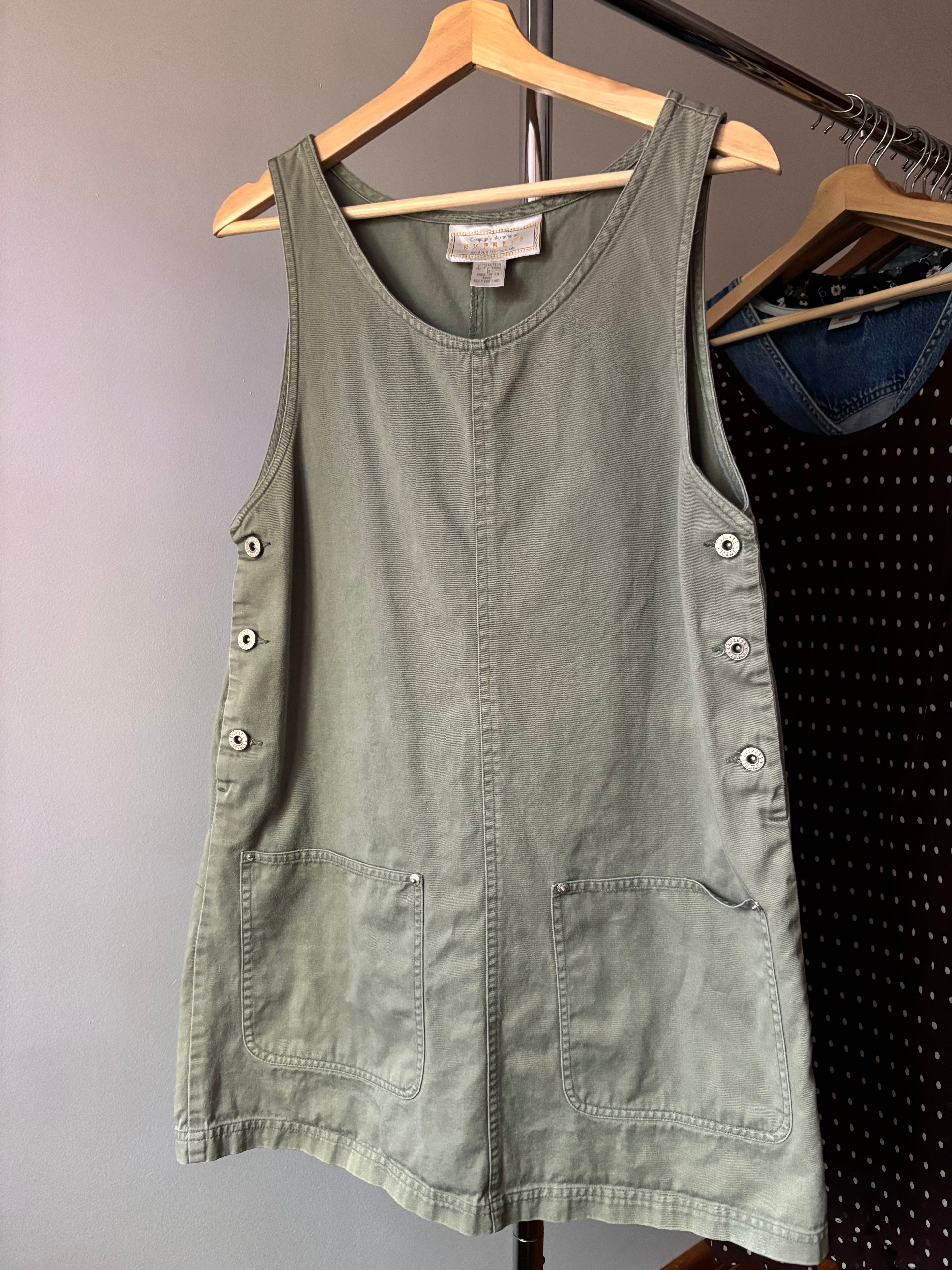 1990s Green Cotton Mini Overall Dress