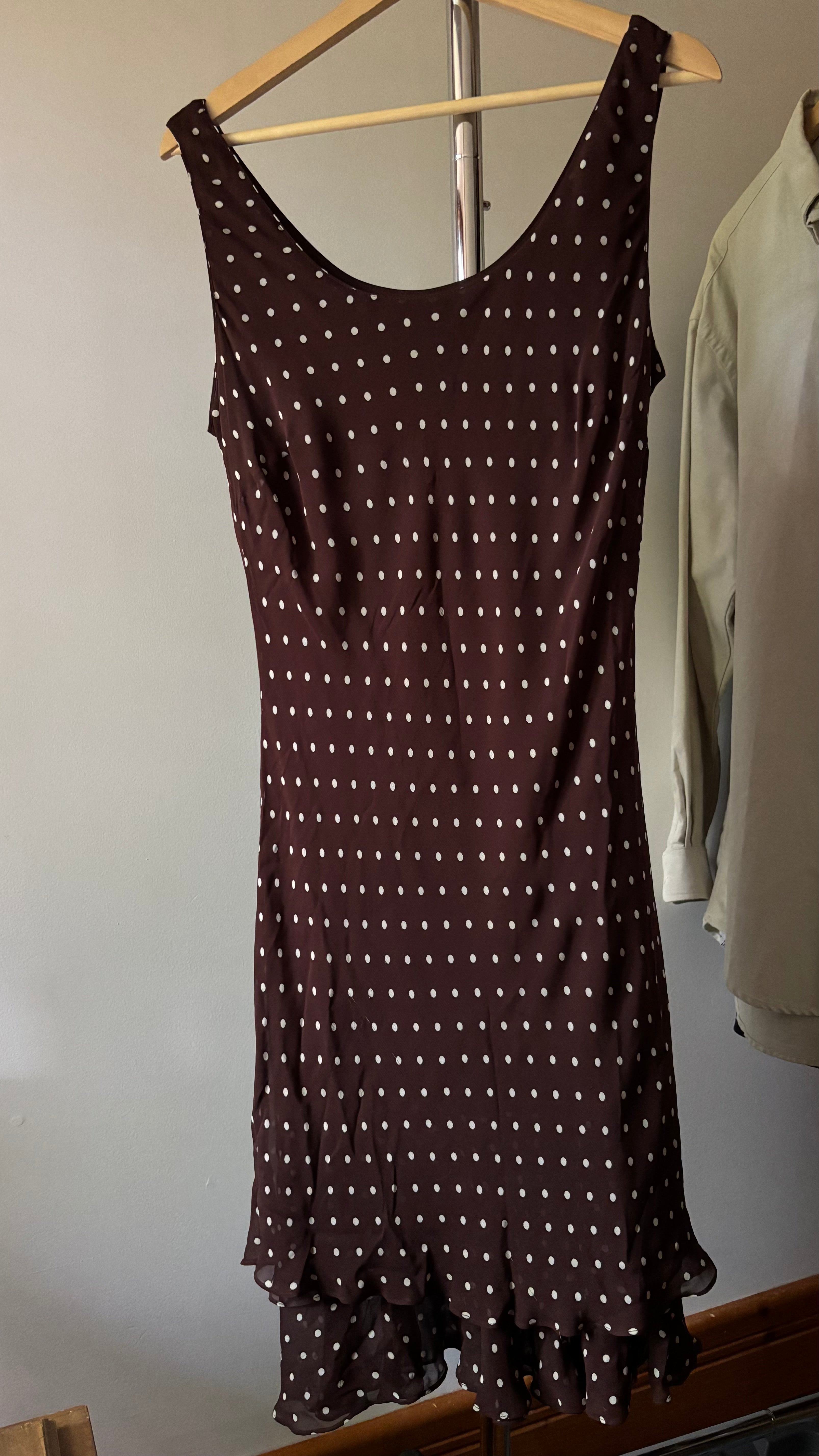 1990s Brown Polka Dot Midi Dress with Ruffled Hem