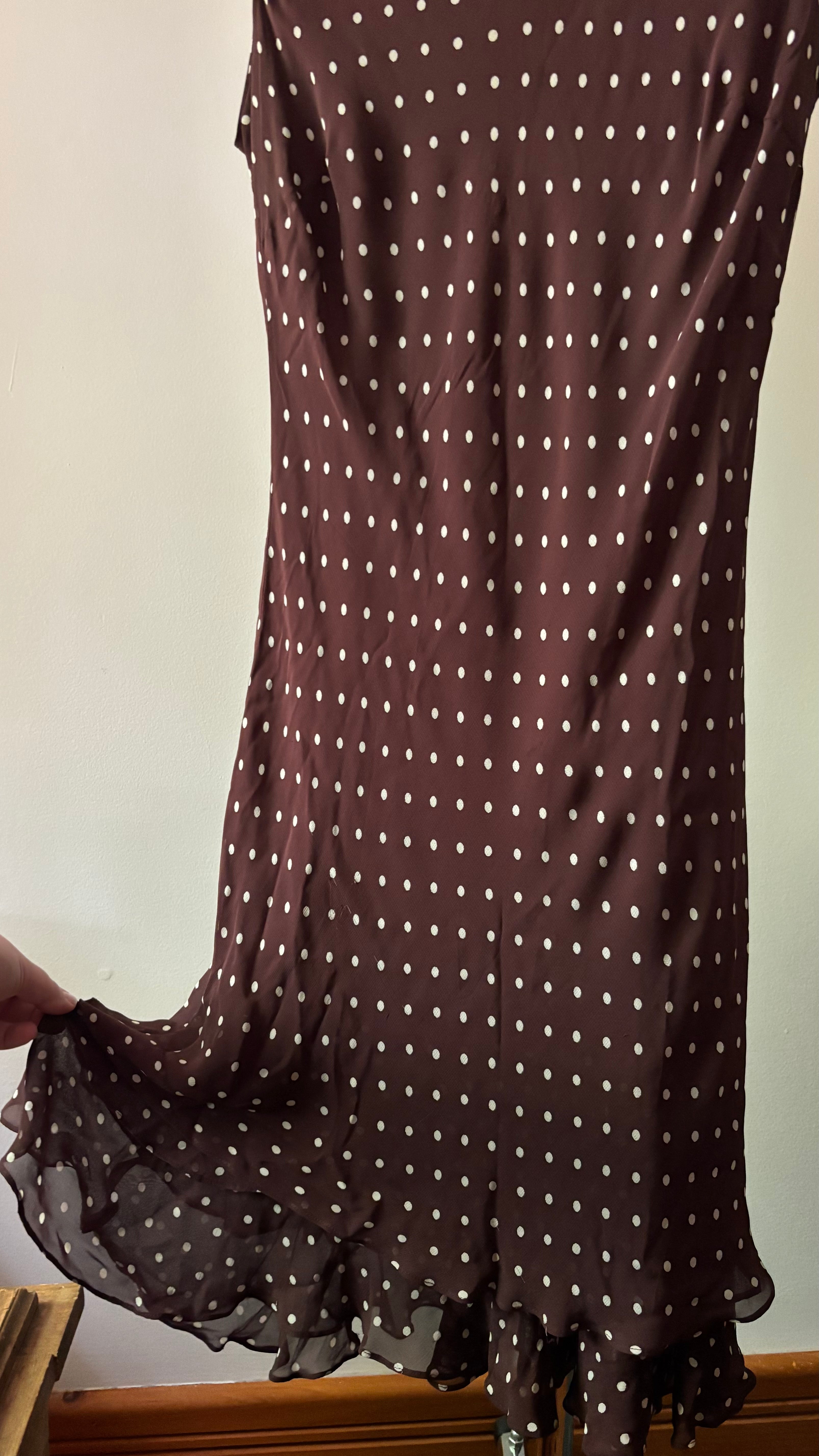 1990s Brown Polka Dot Midi Dress with Ruffled Hem