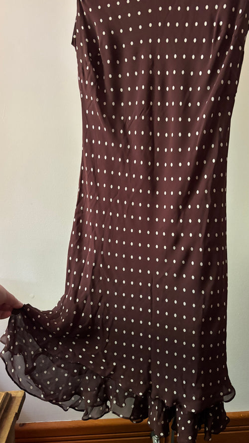 1990s Brown Polka Dot Midi Dress with Ruffled Hem