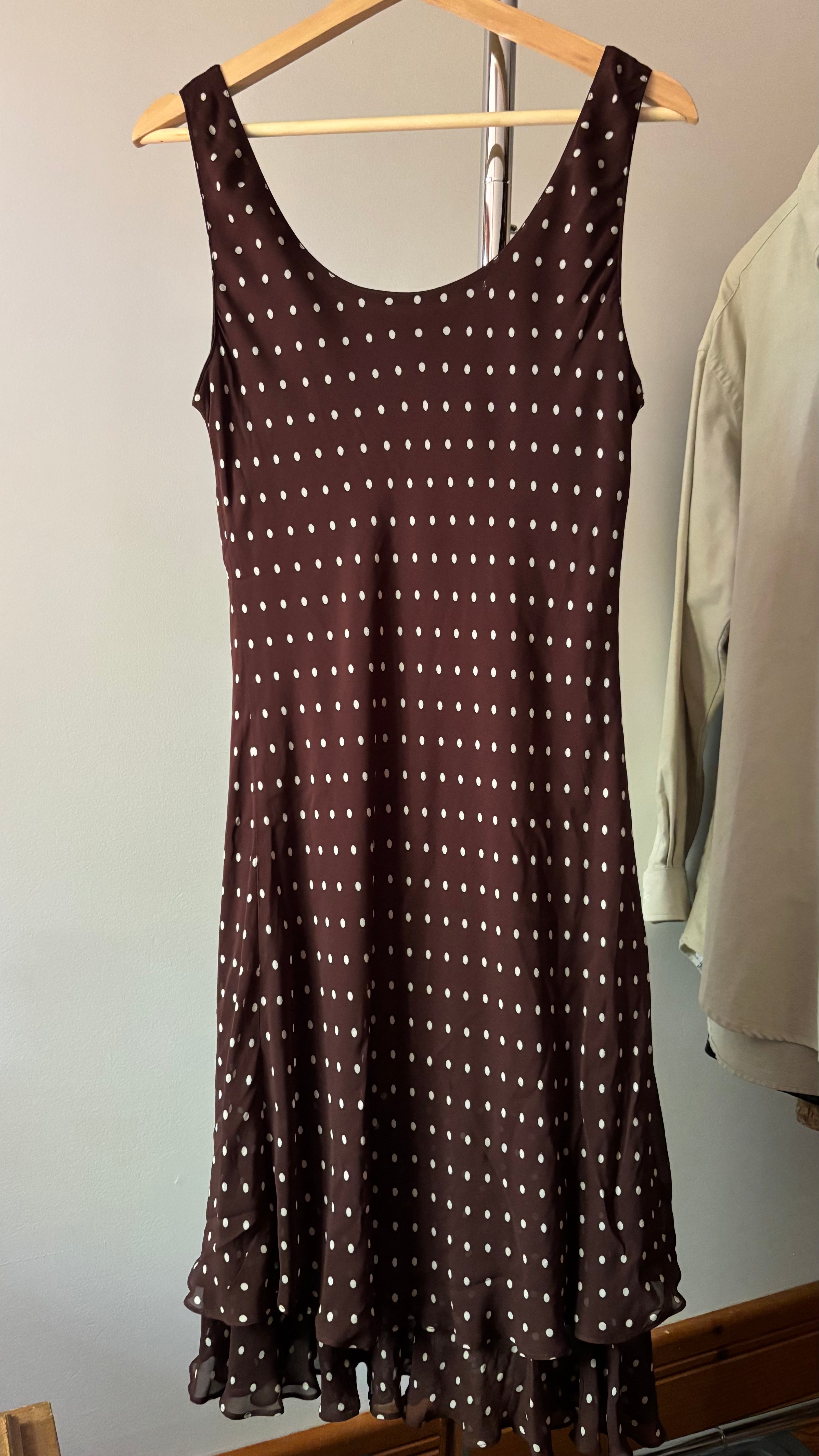1990s Brown Polka Dot Midi Dress with Ruffled Hem