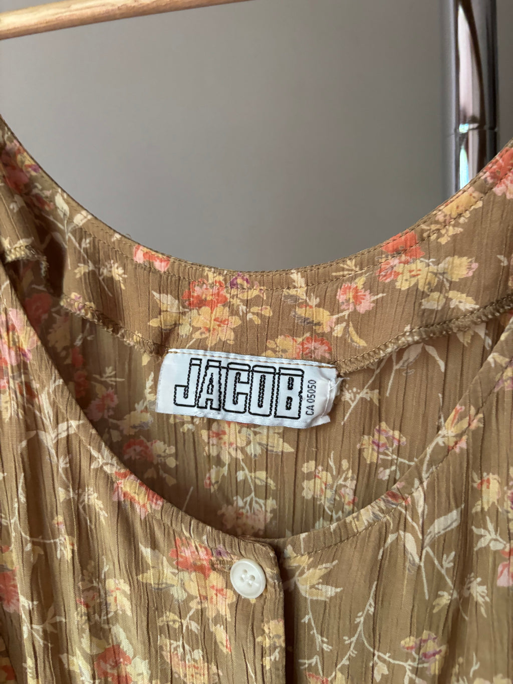 1990s Beige Tie-Back Dress with Peach Flowers