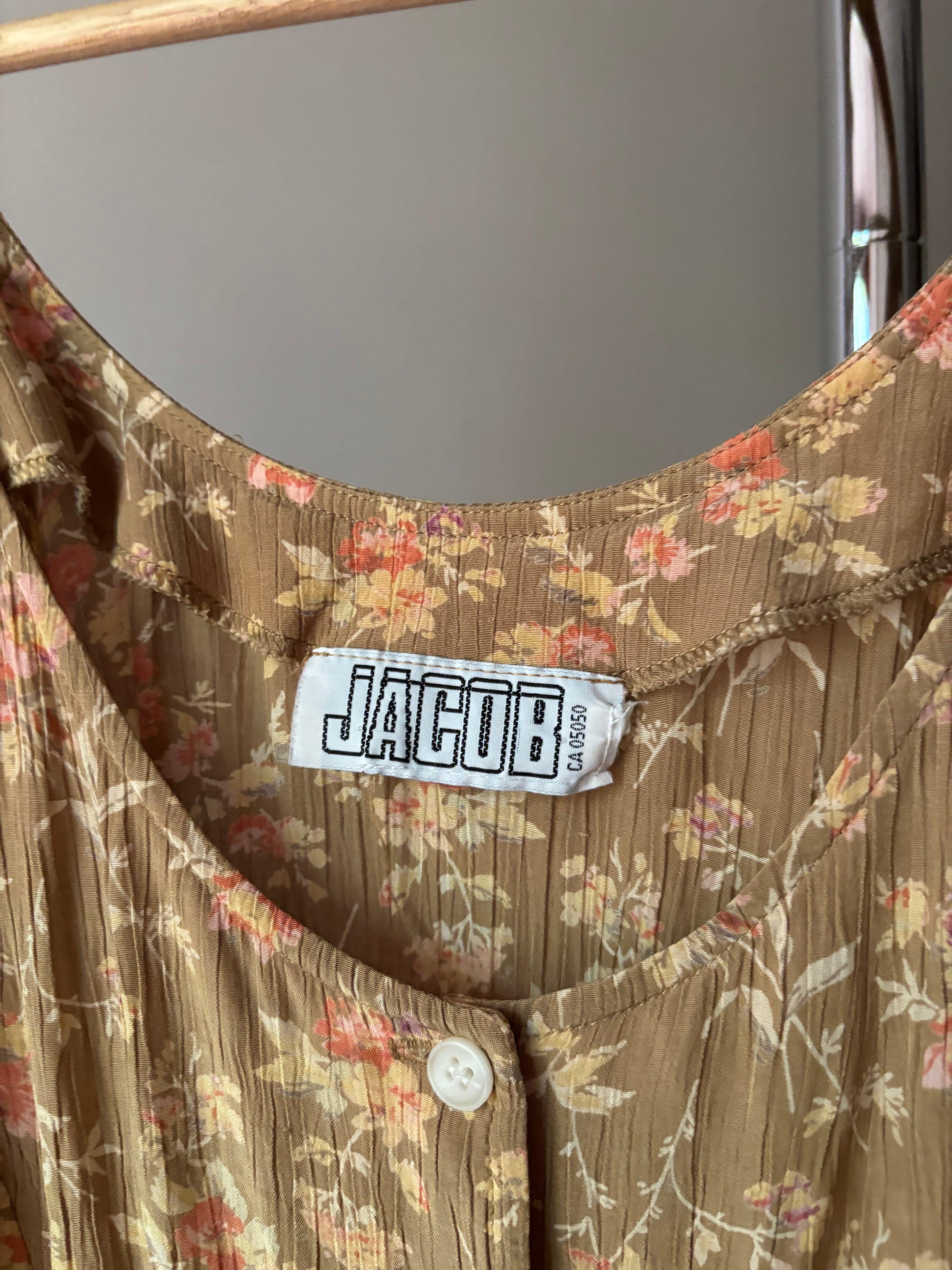 1990s Beige Tie-Back Dress with Peach Flowers