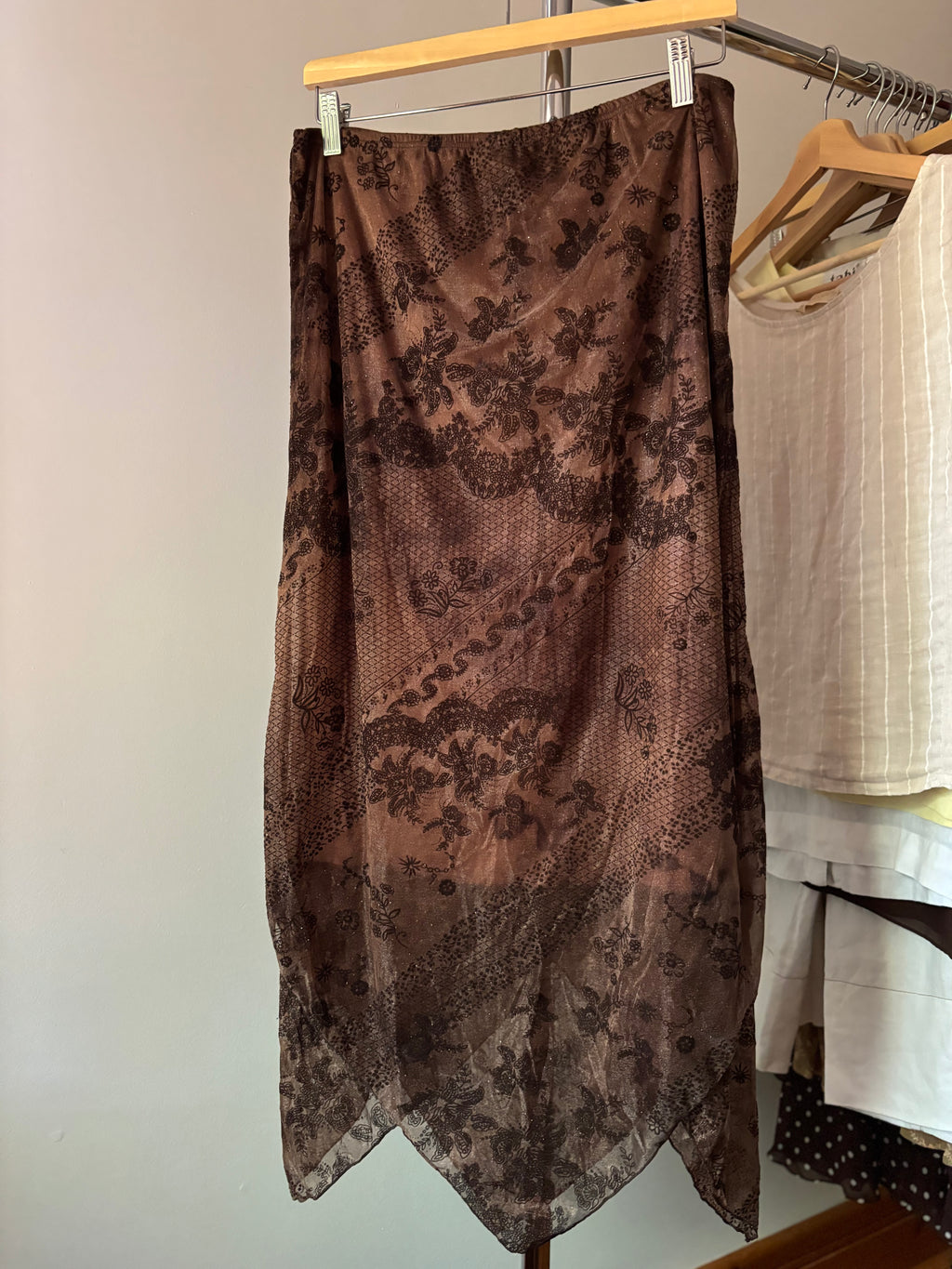 1990s Brown Paisley Asymmetrical Skirt | 31-34" waist