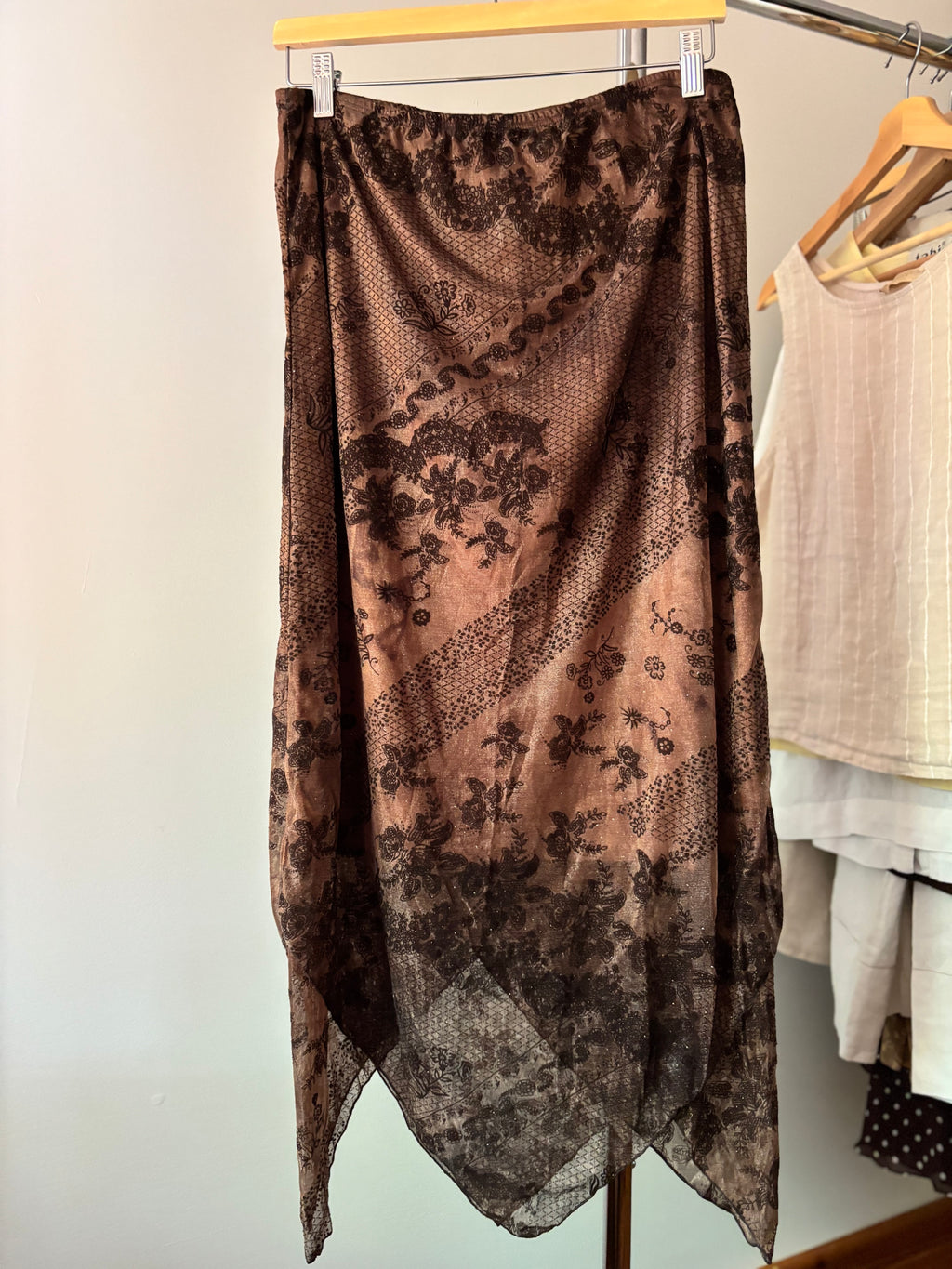 1990s Brown Paisley Asymmetrical Skirt | 31-34" waist