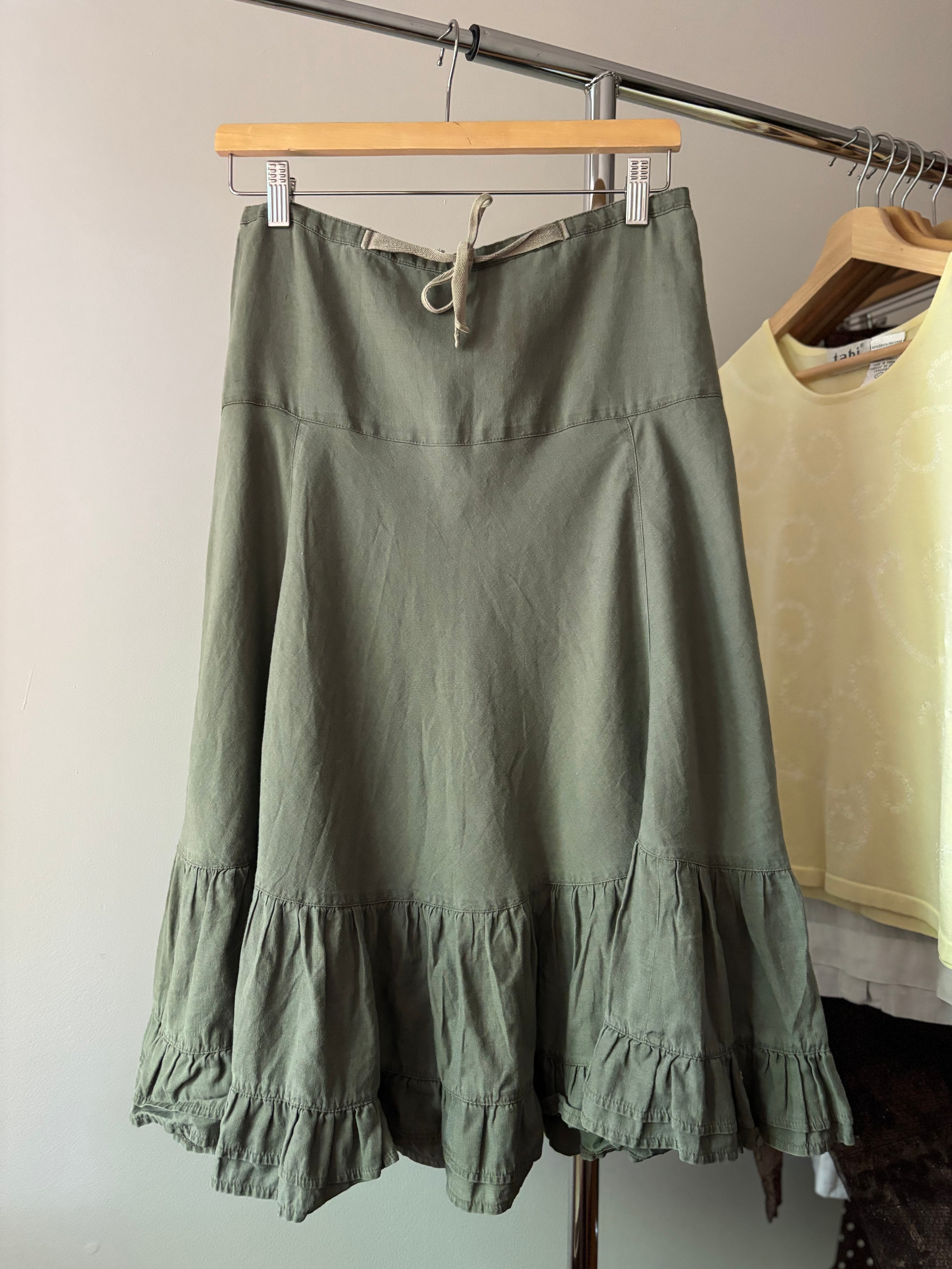 1990s Linen & Cotton Green Tiered Midi Skirt | 28" waist
