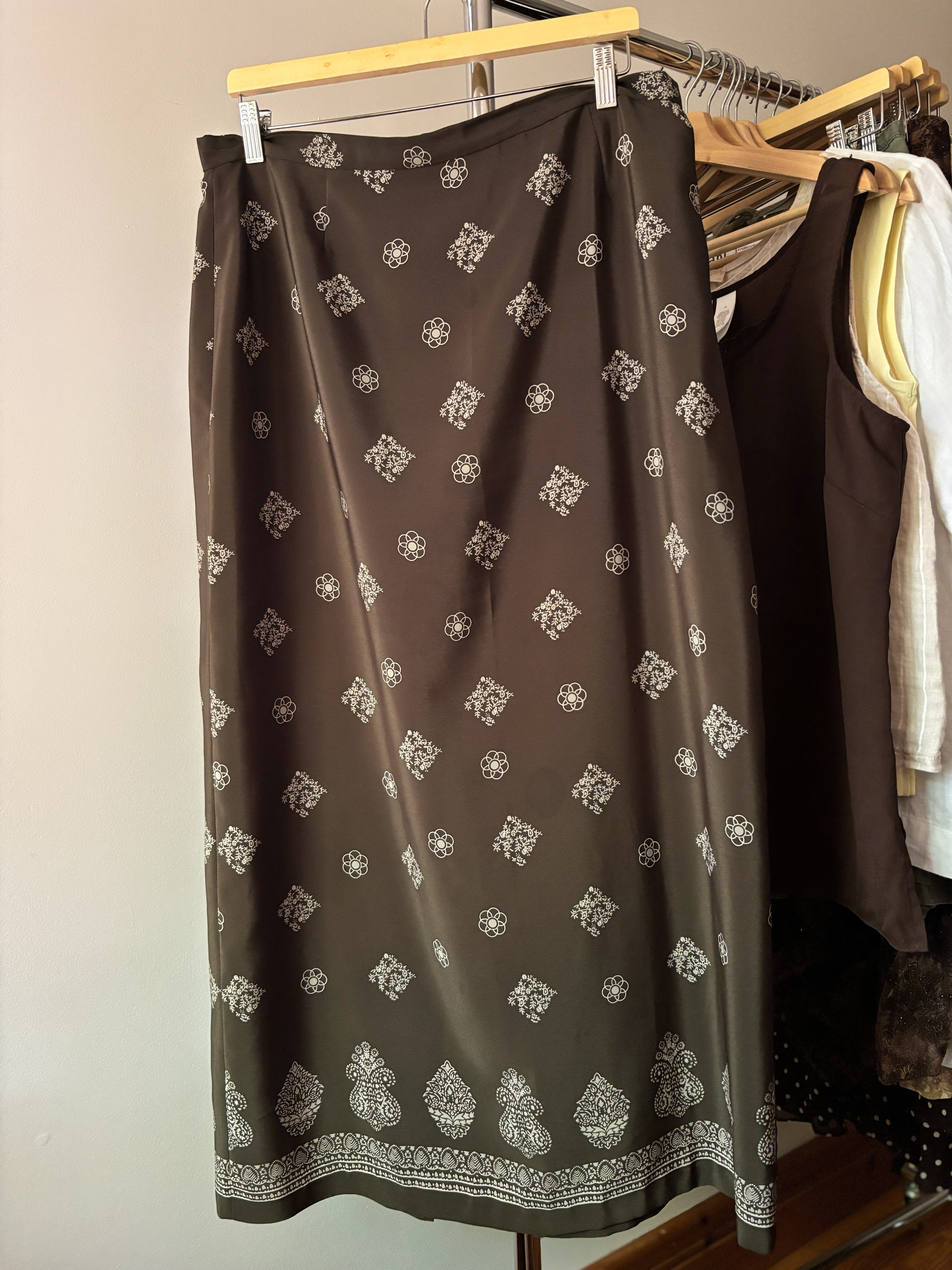 1990s Olive Green Floral Maxi Skirt with Slit | 34" waist