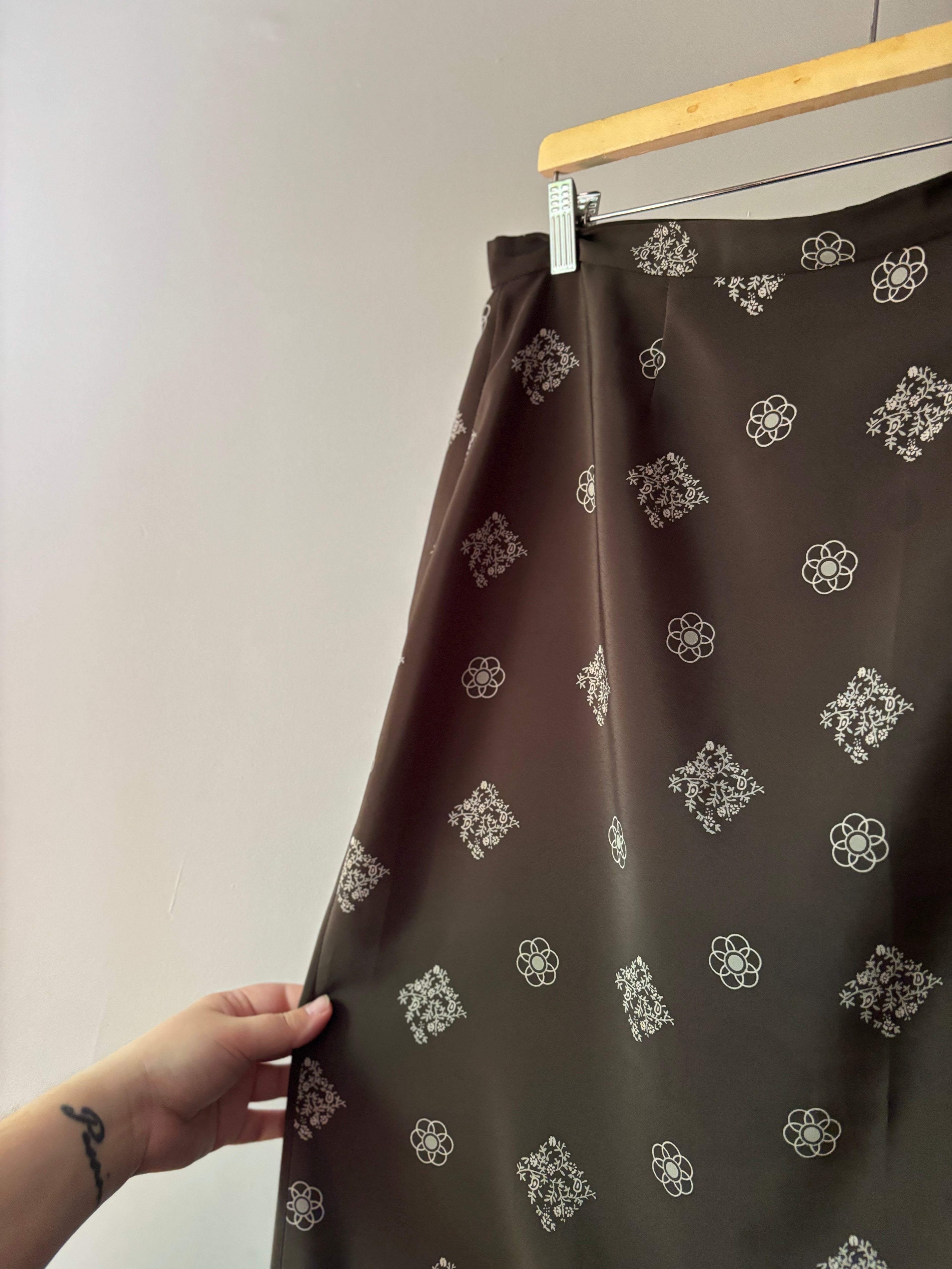 1990s Olive Green Floral Maxi Skirt with Slit | 34" waist