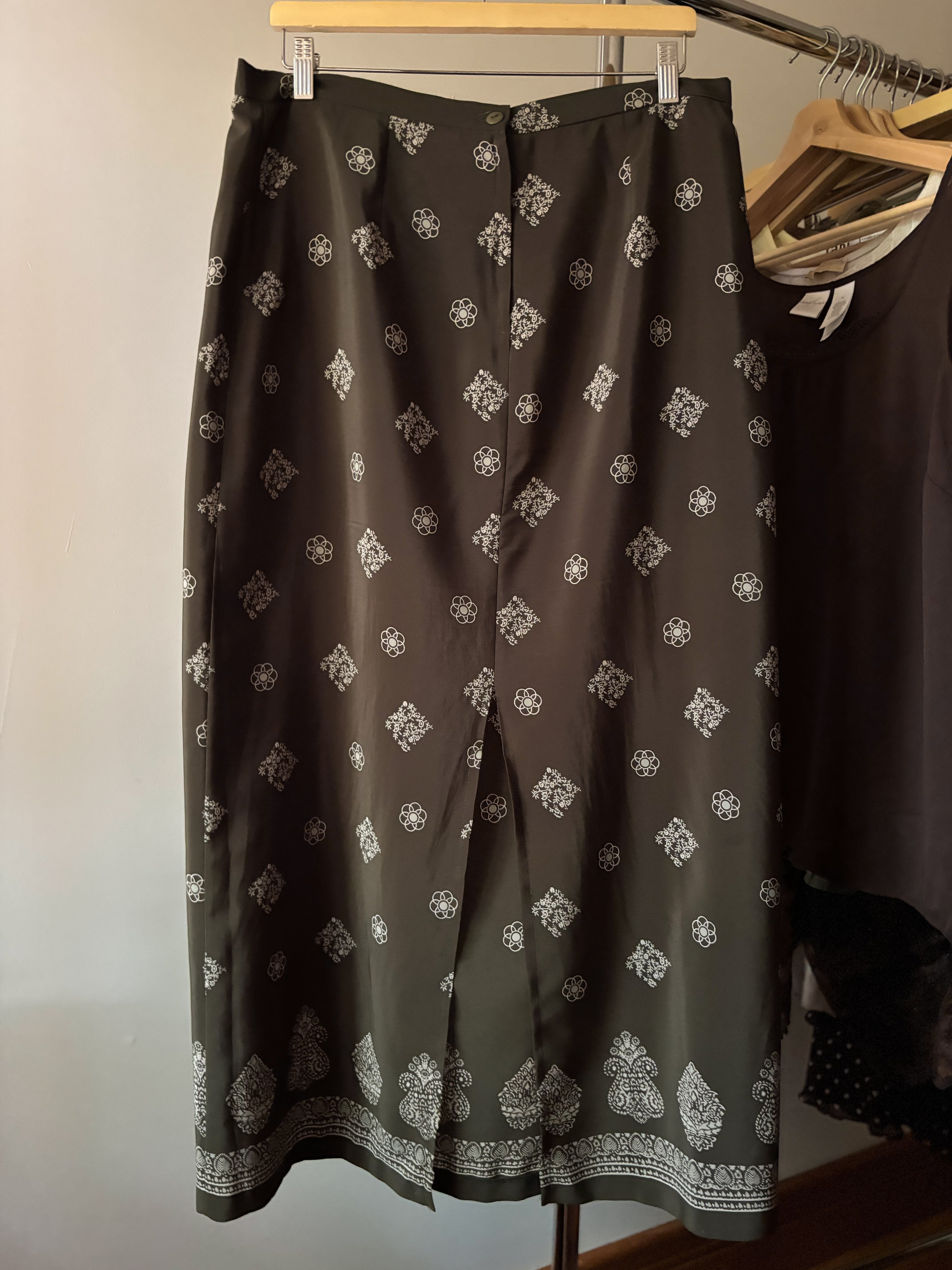 1990s Olive Green Floral Maxi Skirt with Slit | 34" waist