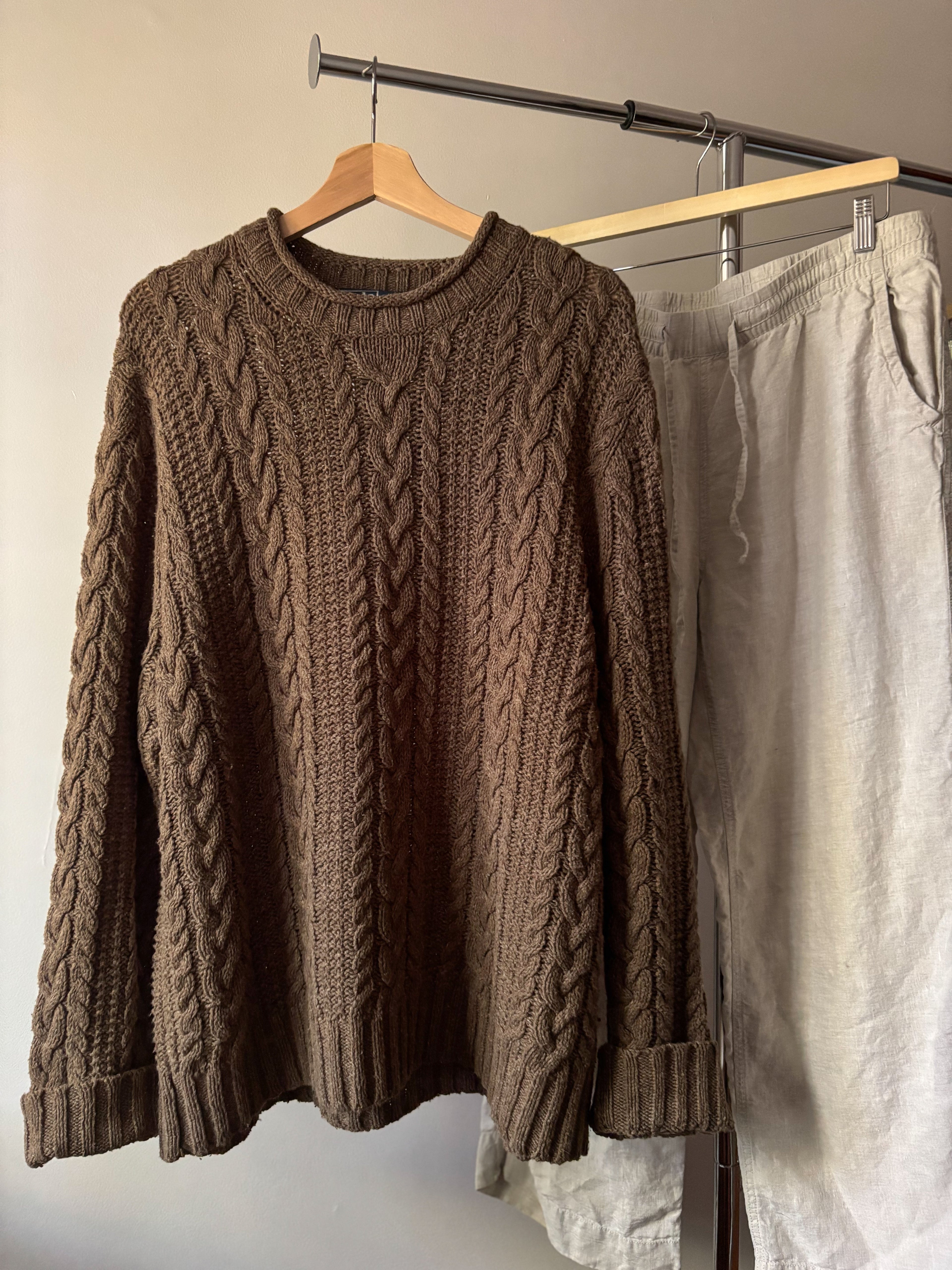1990s Brown Ralph Lauren Rolled Neck Cable knit Sweater