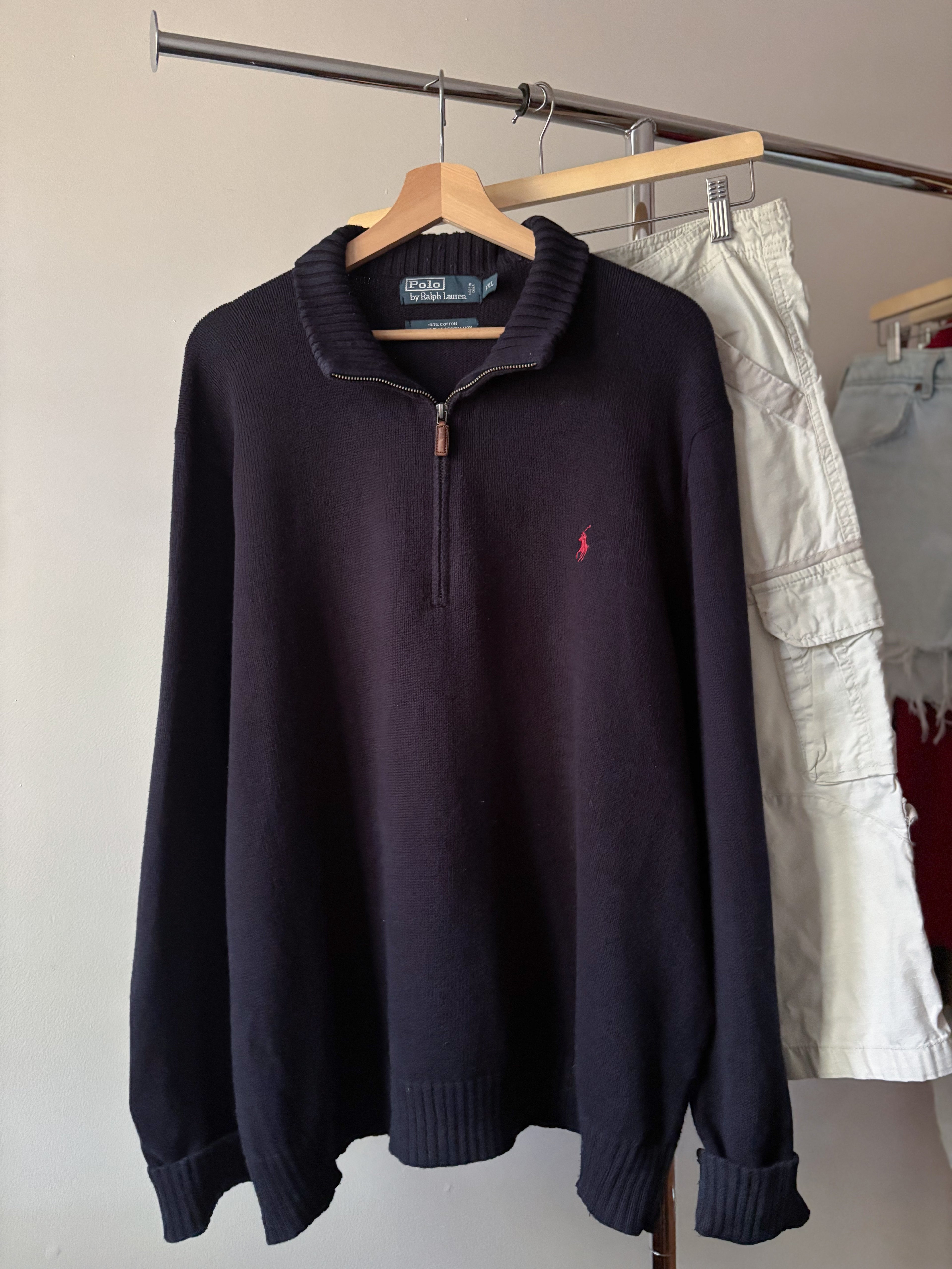 1990s Soft Navy Blue Ralph Lauren Quarter Zip Sweater