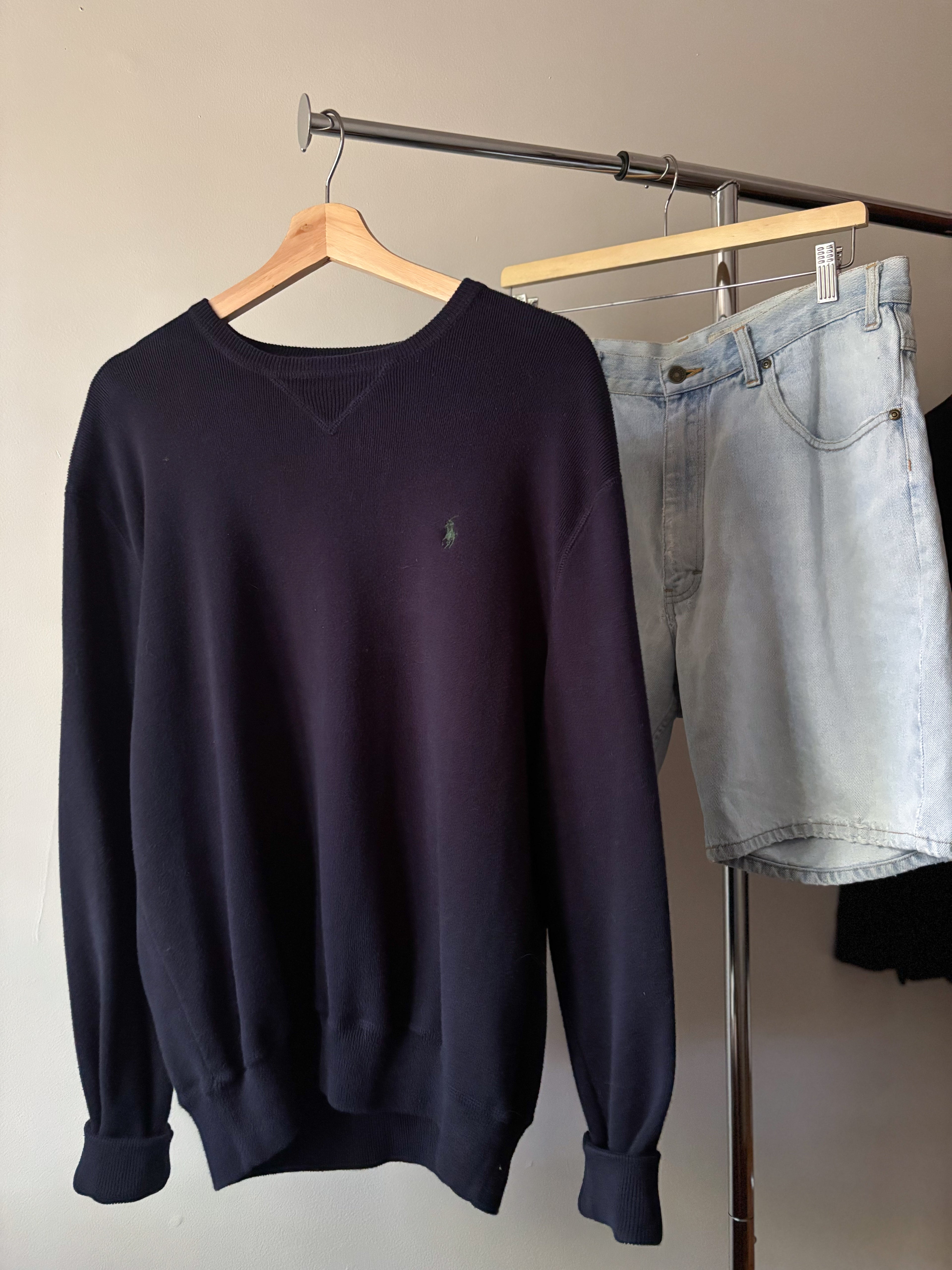 1990s Ralph Lauren Navy Blue Soft Cotton Crewneck Knit
