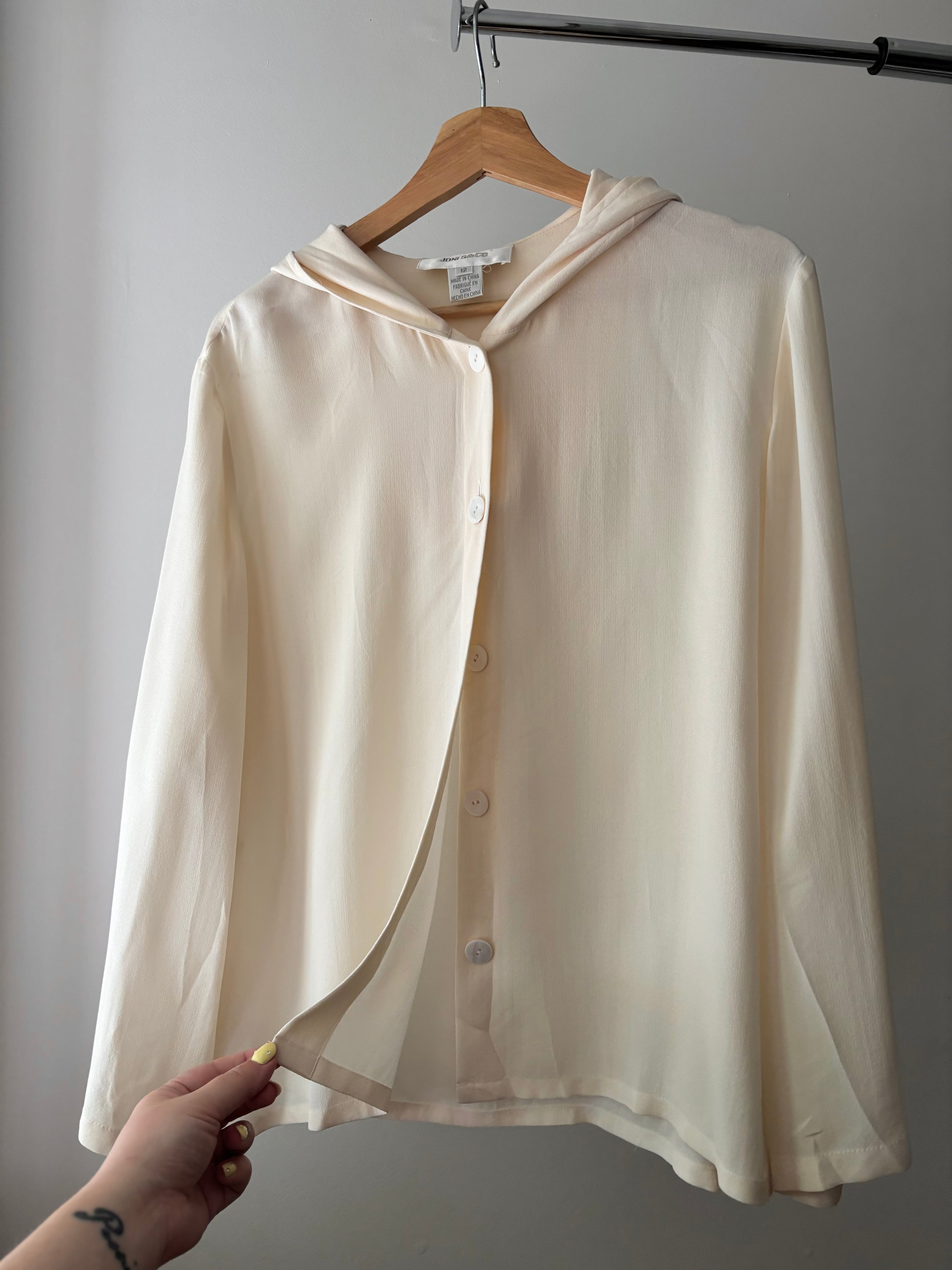 1990s Cream Silk Hooded Blouse