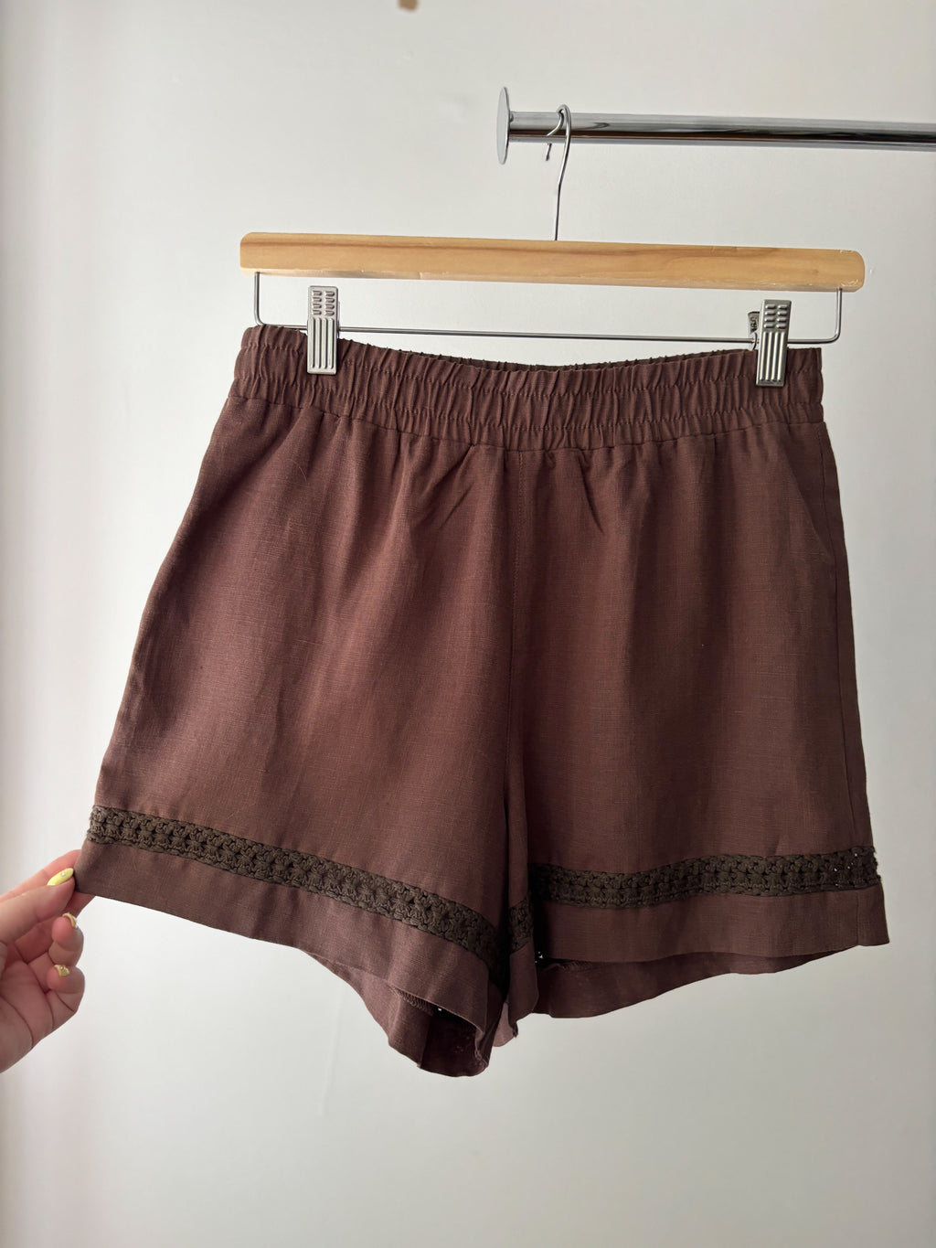 New Brown Linen Shorts with Crochet